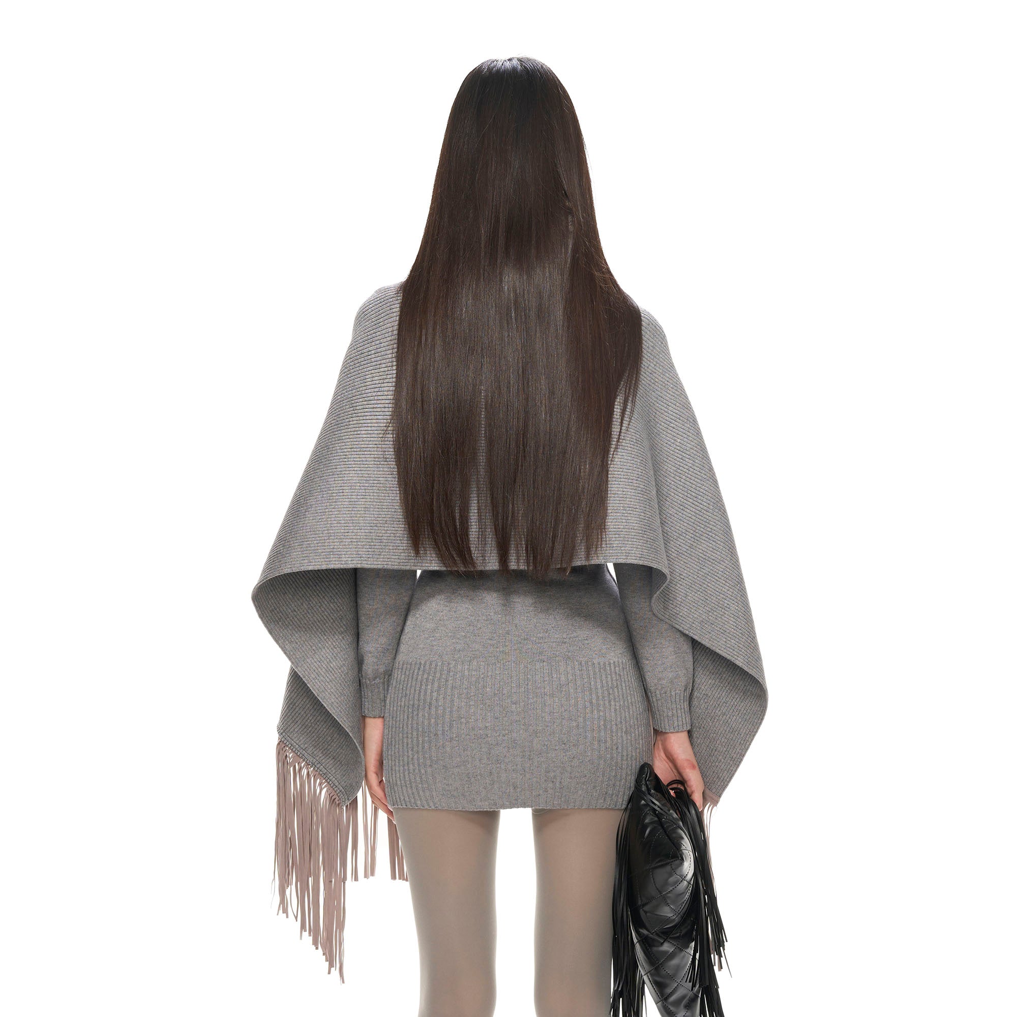 NEVER OFFEND L ANGEL Deep-V Knit Dress with Fringe Cape