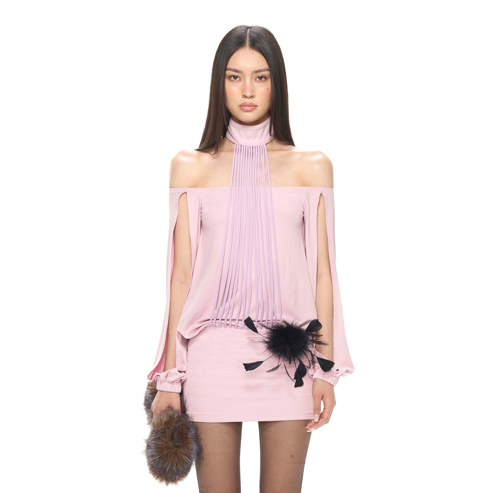 NEVER OFFEND L ANGEL Fringe Halter Off-Shoulder Open-Back Mini Dress