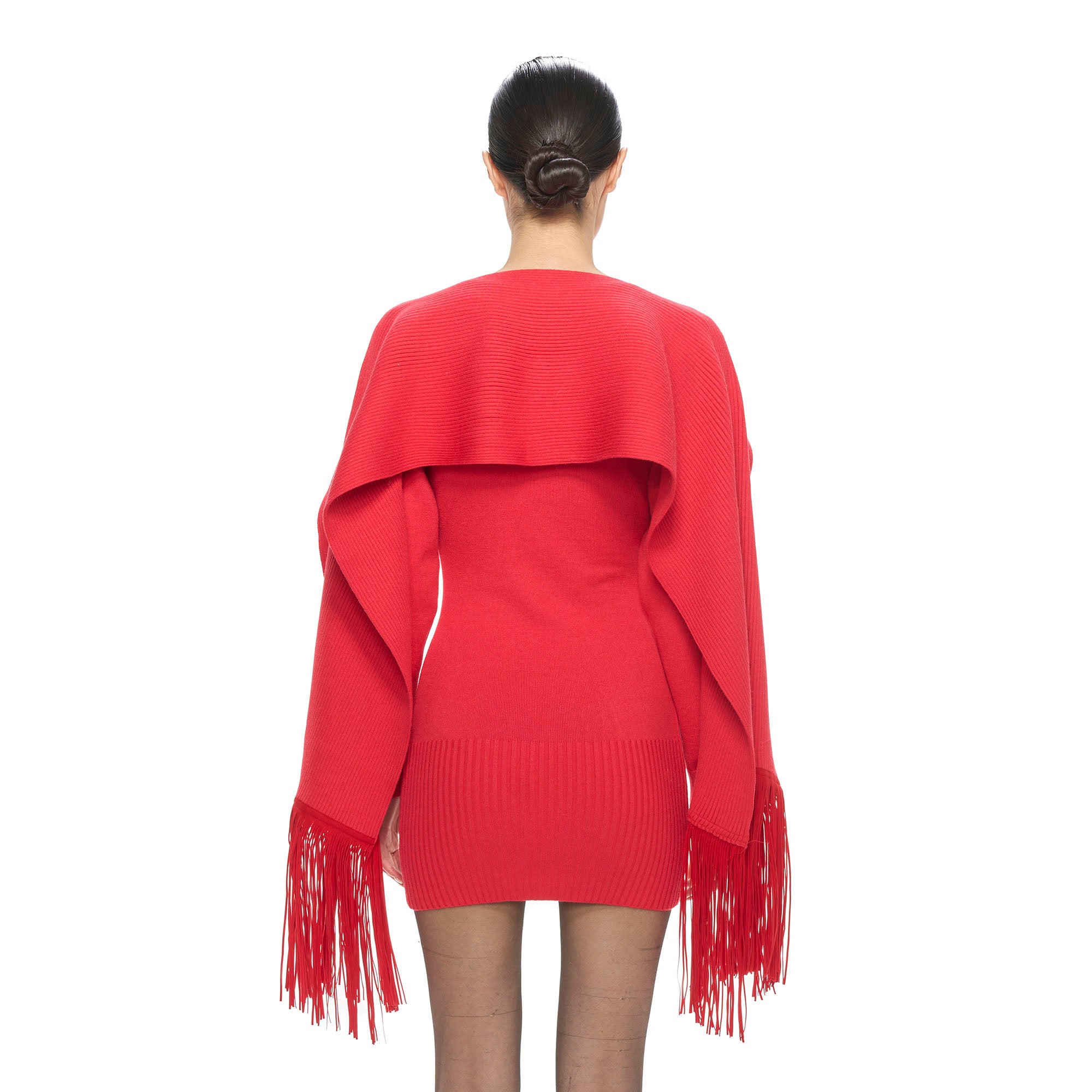 NEVER OFFEND L ANGEL Deep-V Knit Dress with Fringe Cape