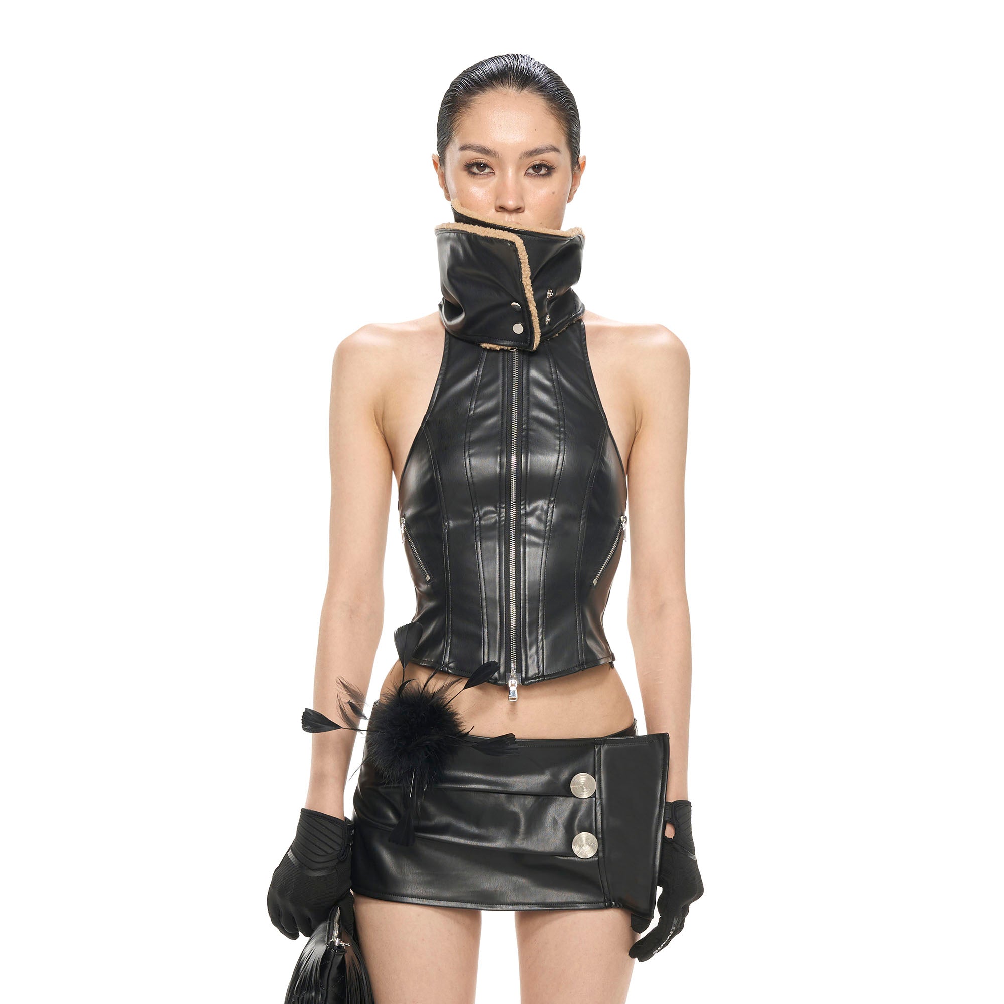 NEVER OFFEND L ANGEL Paneled Faux-Leather Zip-Up Halter Top