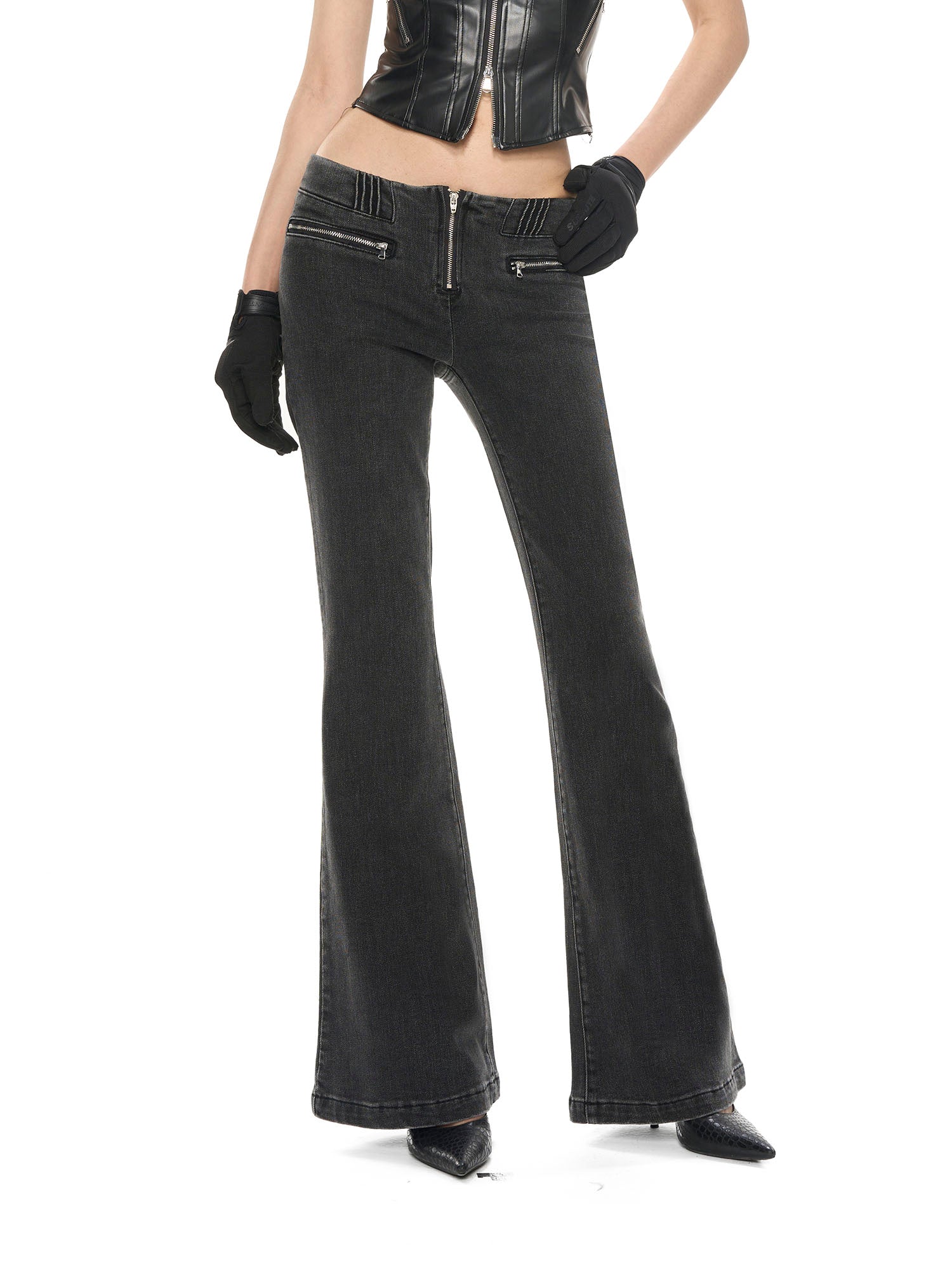 NEVER OFFEND L ANGEL Washed Low-Rise Flared Jeans