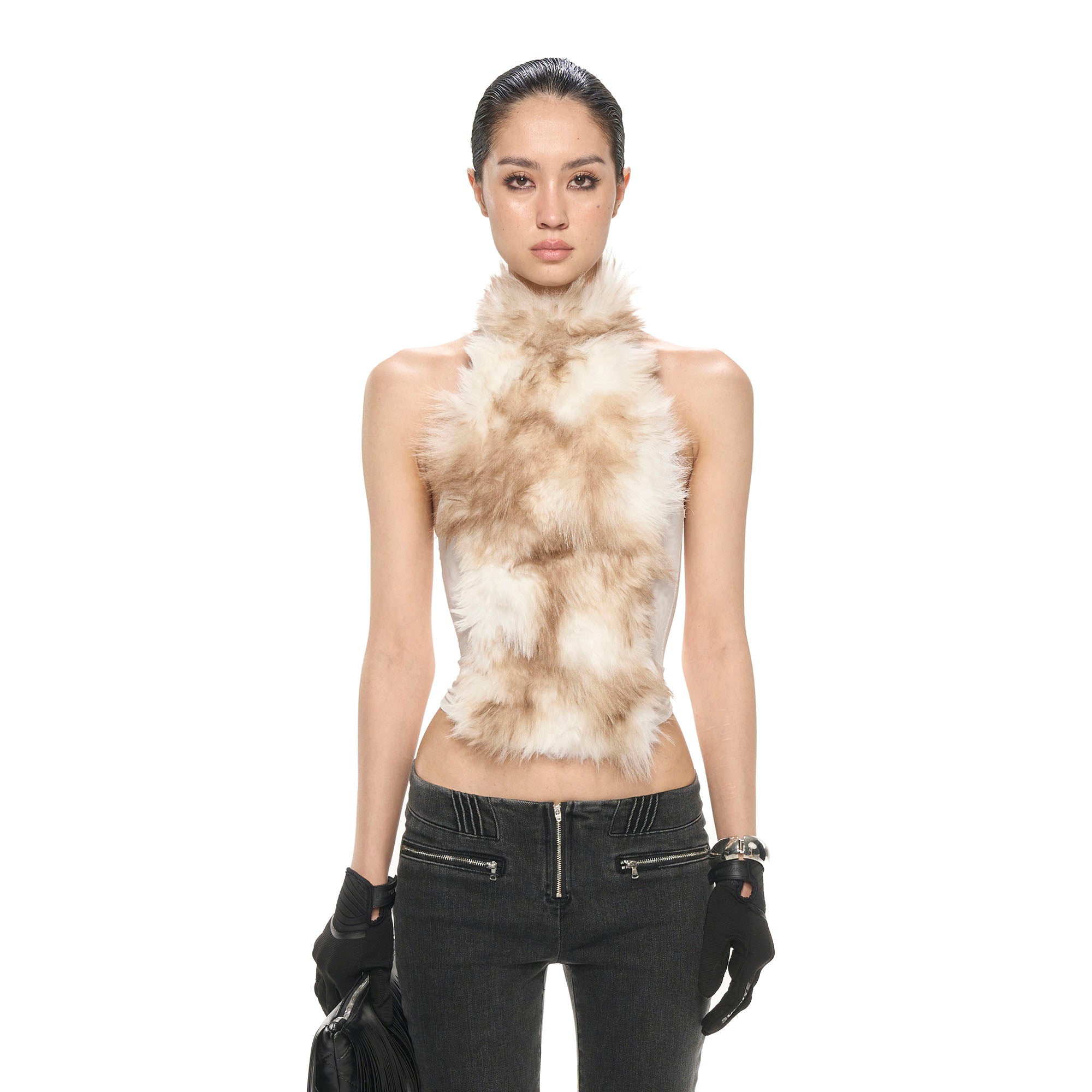 NEVER OFFEND L ANGEL Gradient Faux-Fur Halter Crop Top