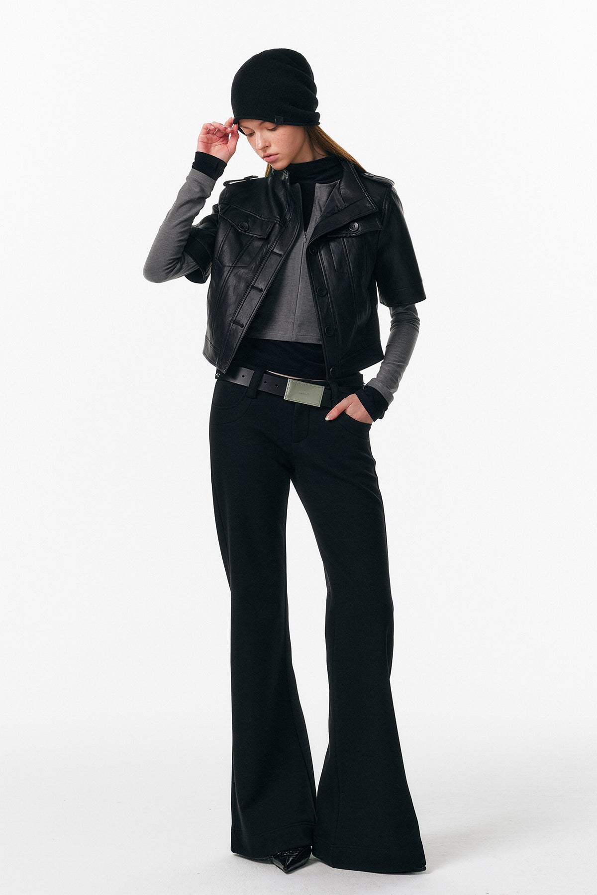 ALINNV STUDIO Faux Leather Slim-Fit Short-Sleeve Jacket