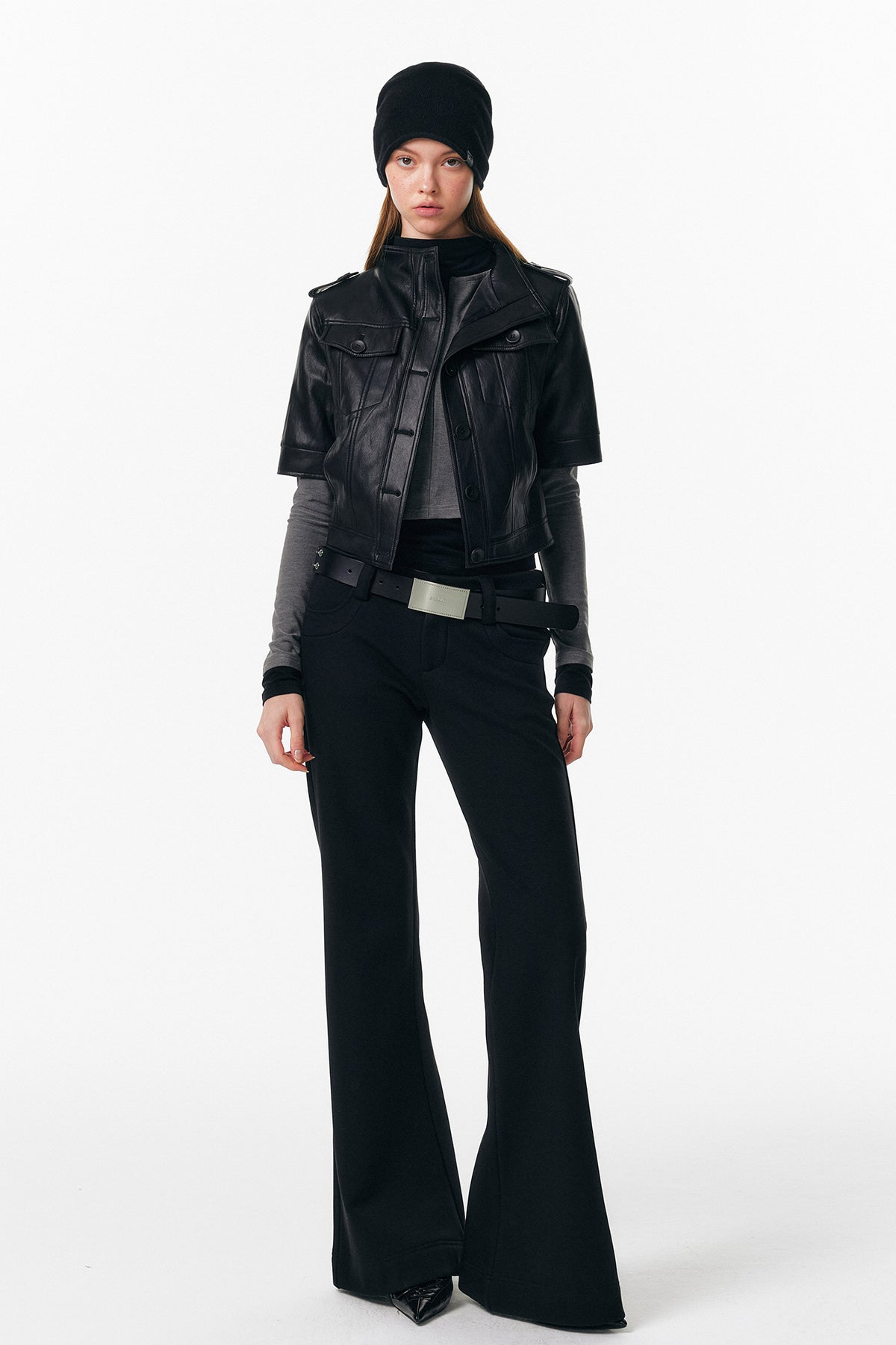 ALINNV STUDIO Faux Leather Slim-Fit Short-Sleeve Jacket