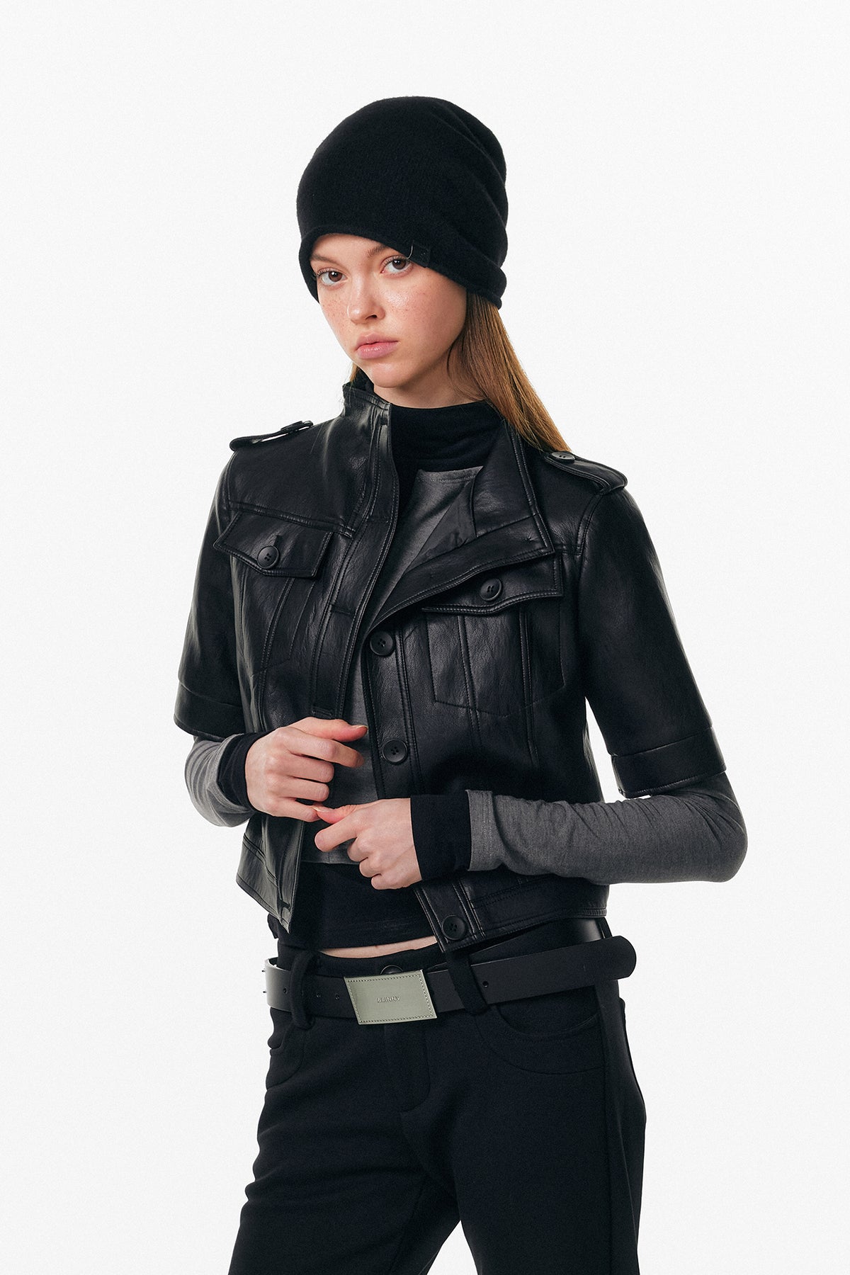 ALINNV STUDIO Faux Leather Slim-Fit Short-Sleeve Jacket