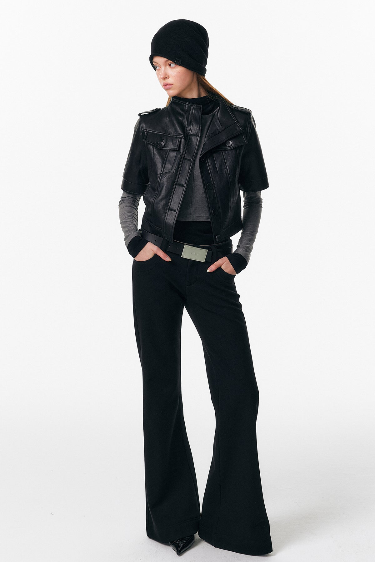 ALINNV STUDIO Faux Leather Slim-Fit Short-Sleeve Jacket