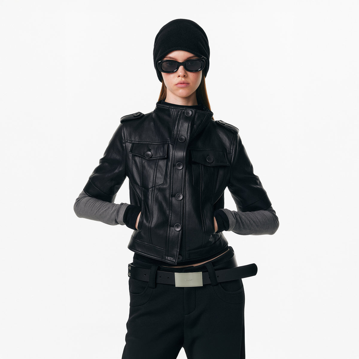 ALINNV STUDIO Faux Leather Slim-Fit Short-Sleeve Jacket