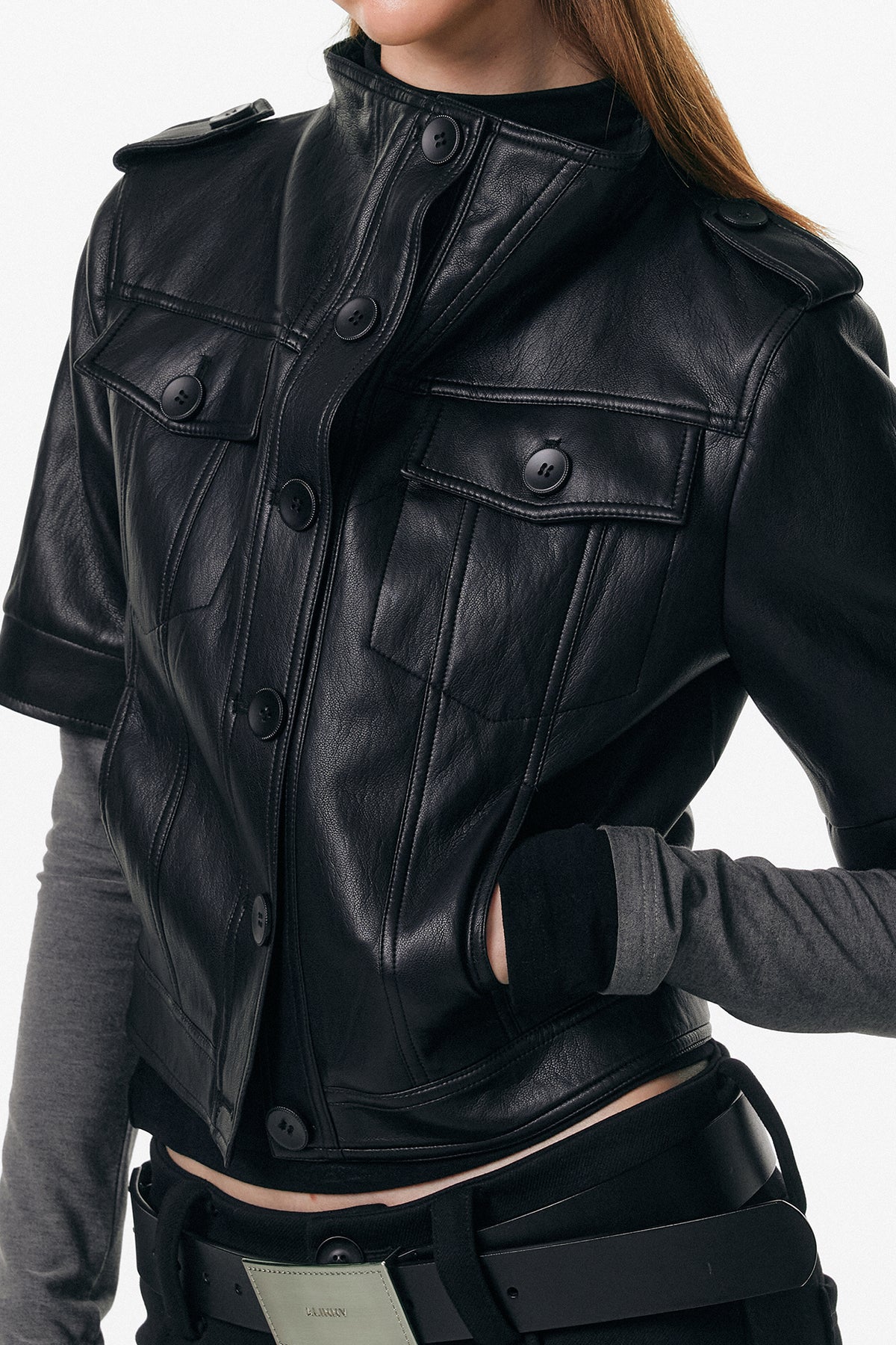 ALINNV STUDIO Faux Leather Slim-Fit Short-Sleeve Jacket