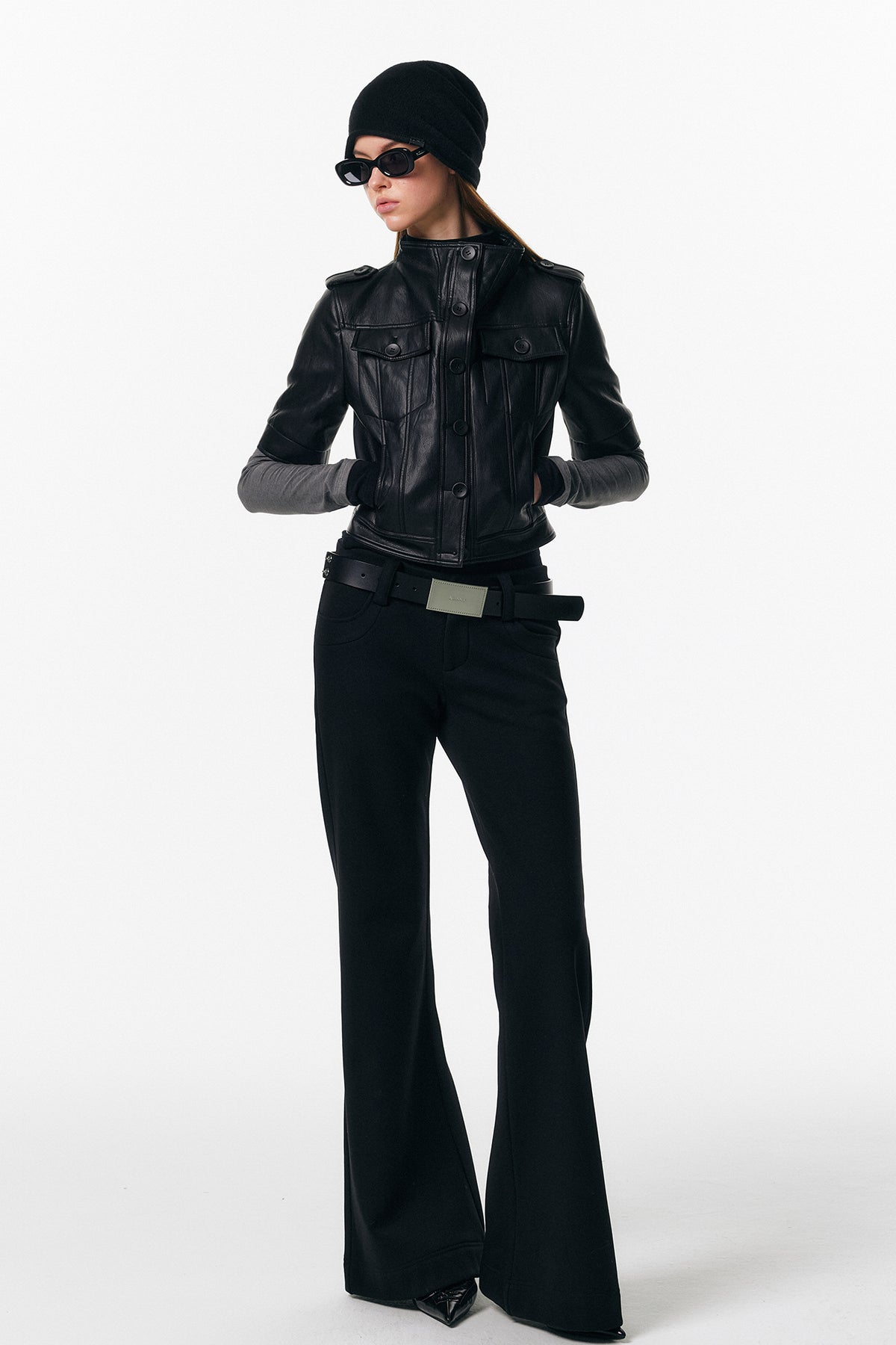 ALINNV STUDIO Faux Leather Slim-Fit Short-Sleeve Jacket