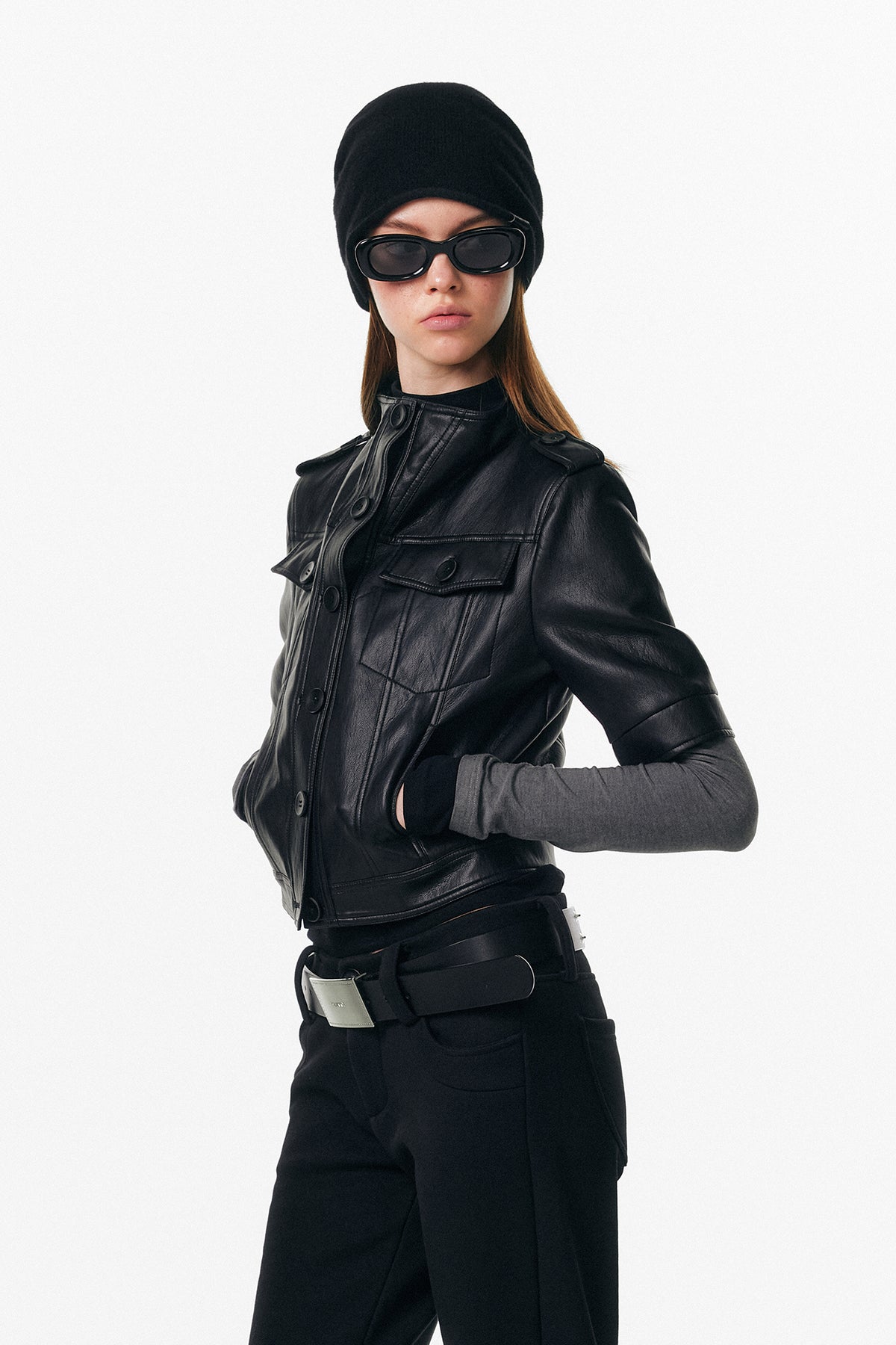 ALINNV STUDIO Faux Leather Slim-Fit Short-Sleeve Jacket