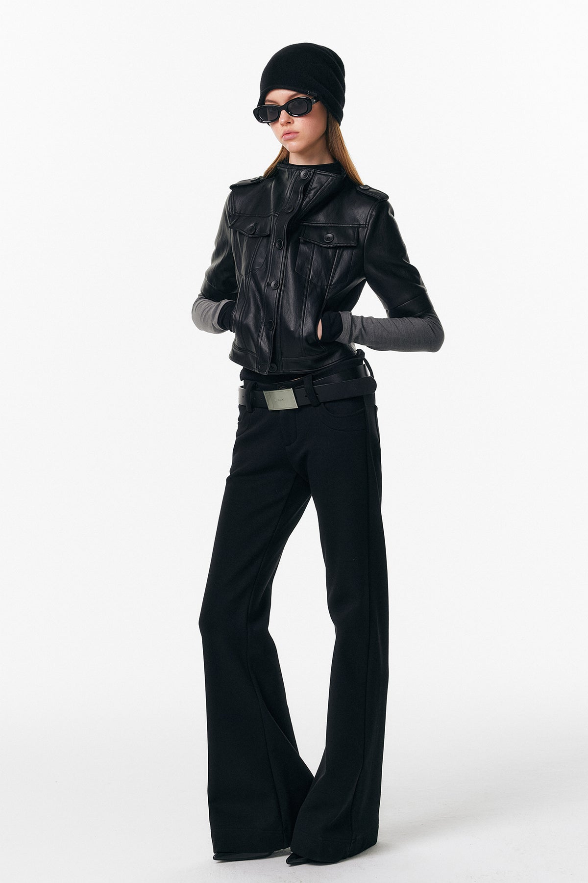 ALINNV STUDIO Faux Leather Slim-Fit Short-Sleeve Jacket