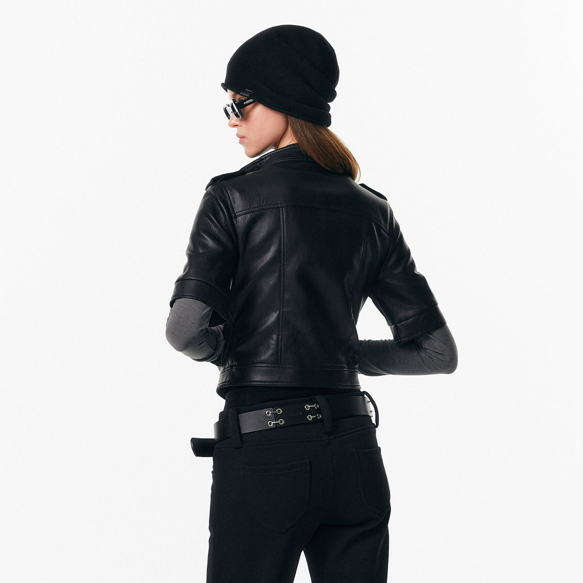 ALINNV STUDIO Faux Leather Slim-Fit Short-Sleeve Jacket