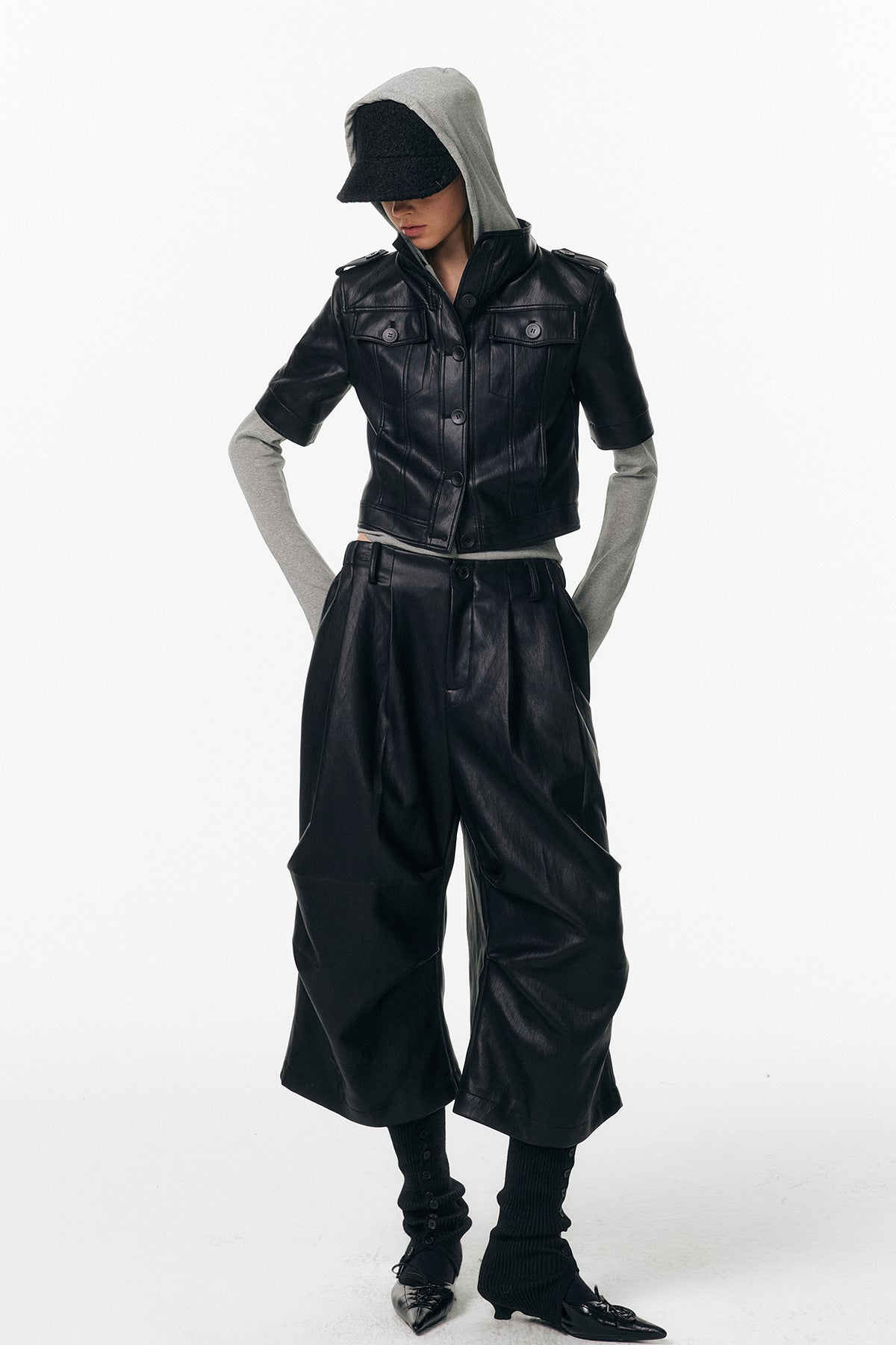 ALINNV STUDIO Faux Leather Slim-Fit Short-Sleeve Jacket