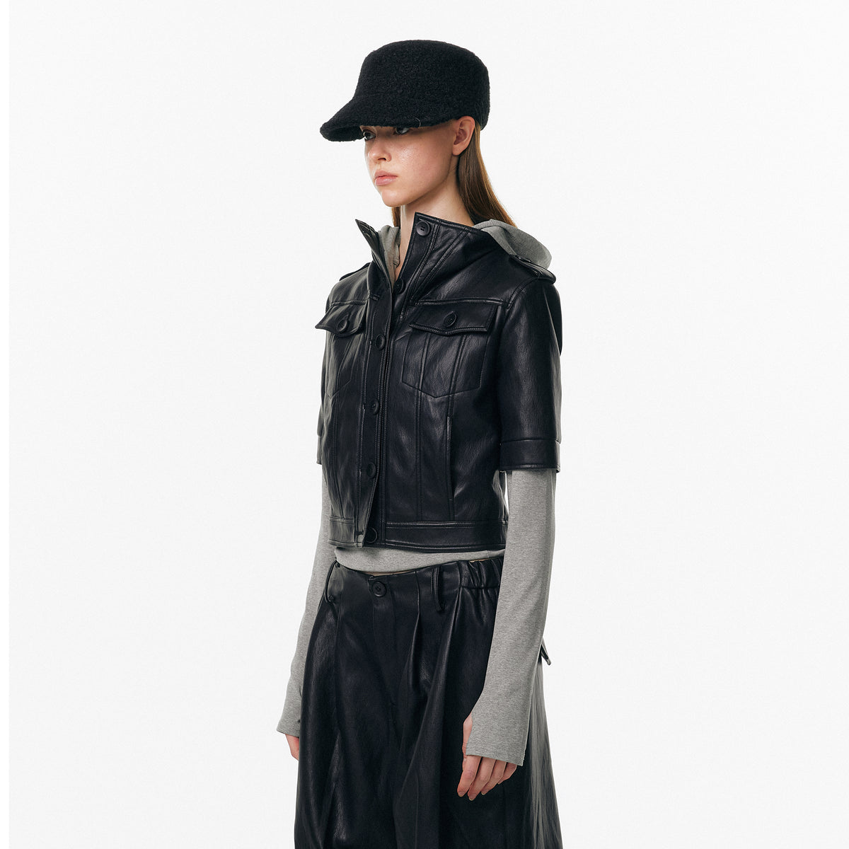 ALINNV STUDIO Faux Leather Slim-Fit Short-Sleeve Jacket