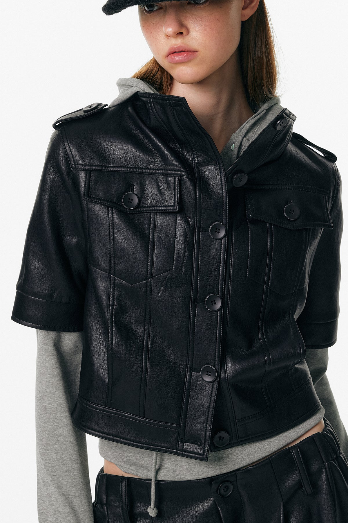 ALINNV STUDIO Faux Leather Slim-Fit Short-Sleeve Jacket