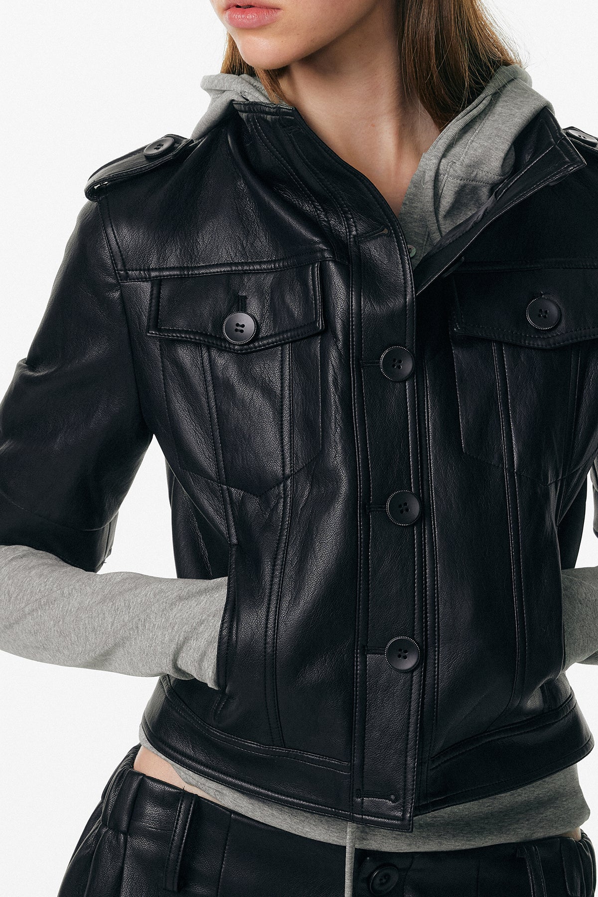 ALINNV STUDIO Faux Leather Slim-Fit Short-Sleeve Jacket