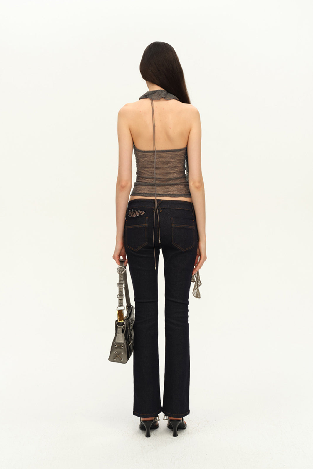 DOTYEARS Lace Ruffled Spliced Halter Top