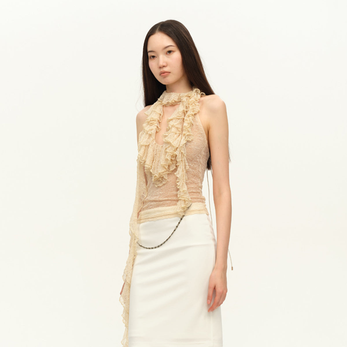 DOTYEARS Lace Ruffled Spliced Halter Top