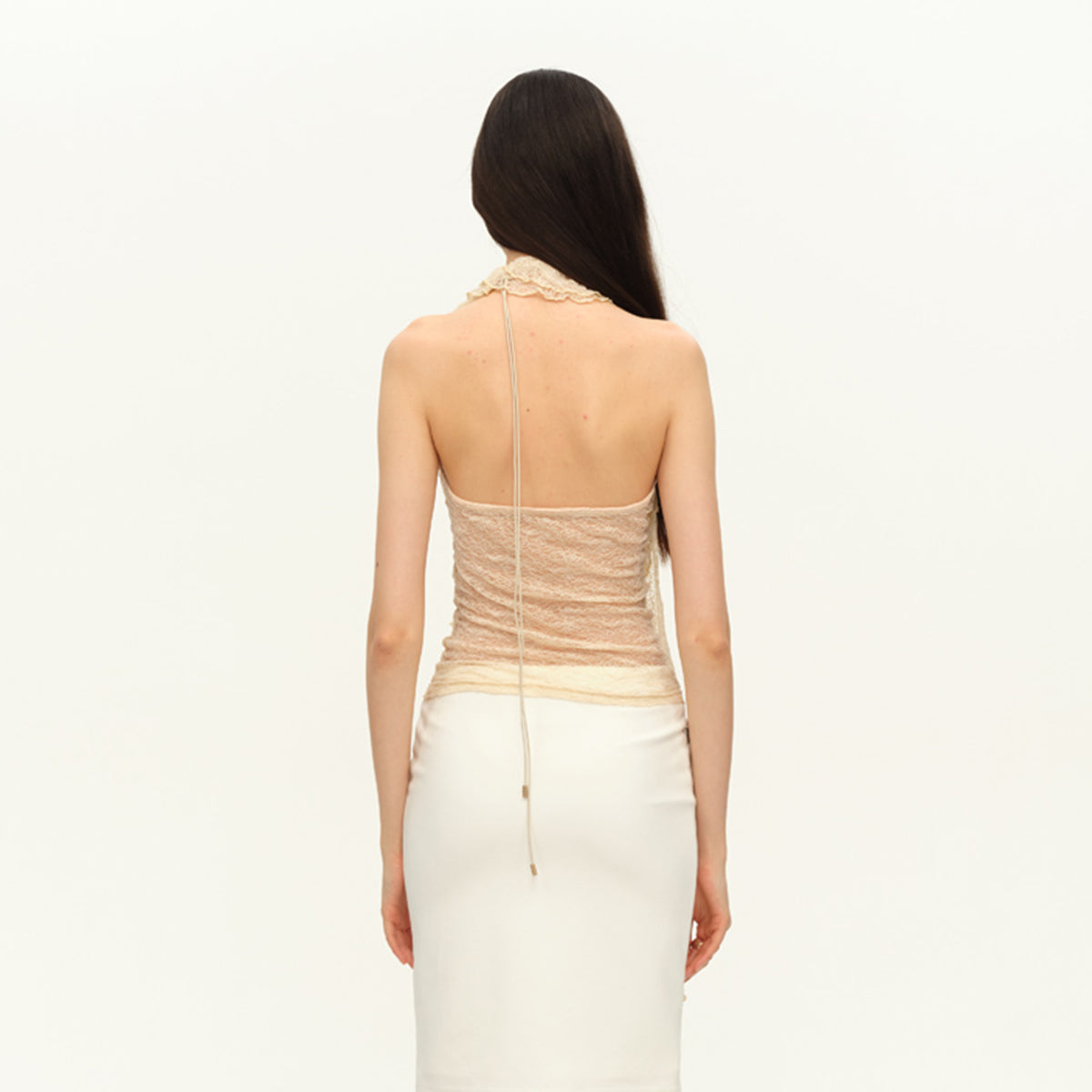 DOTYEARS Lace Ruffled Spliced Halter Top