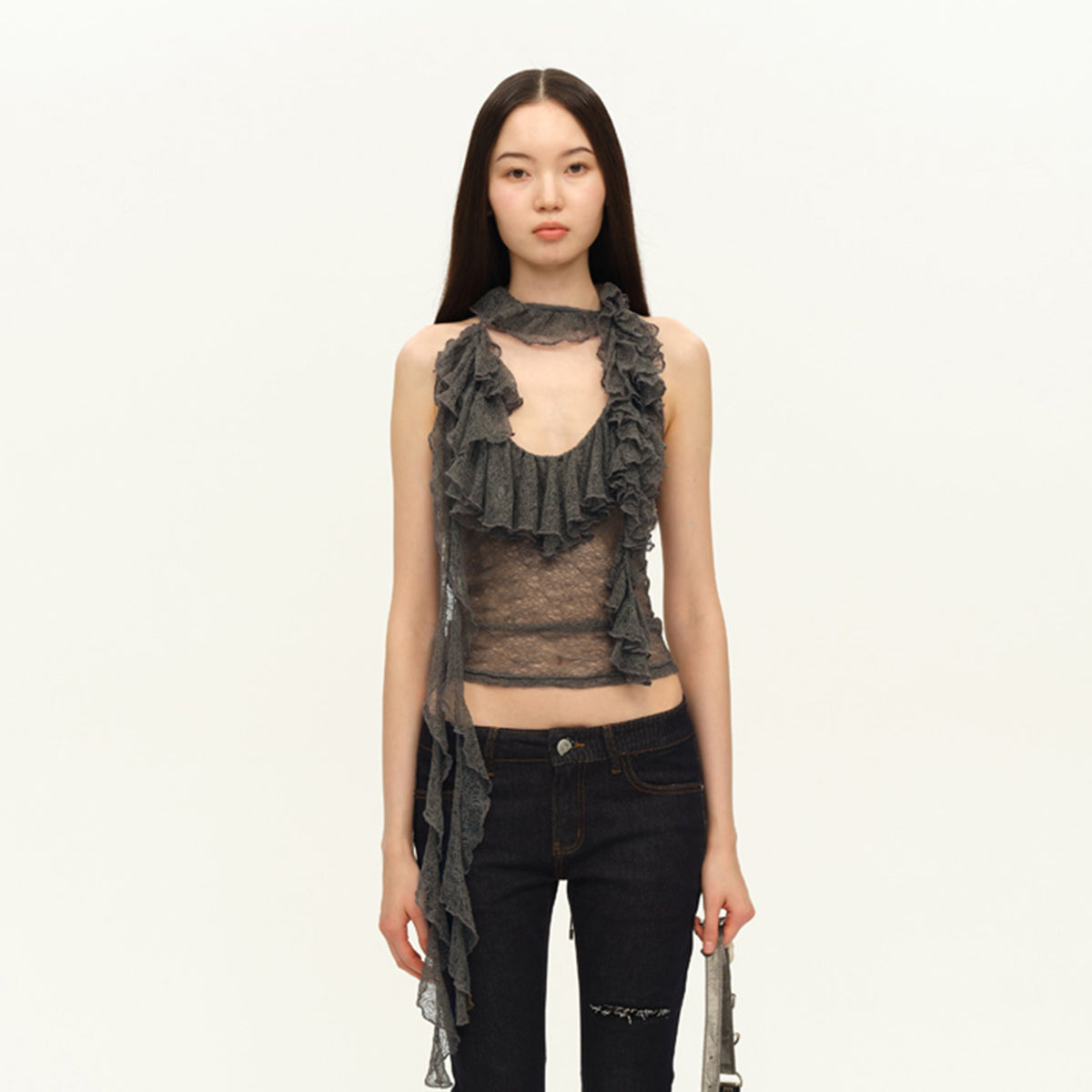DOTYEARS Lace Ruffled Spliced Halter Top