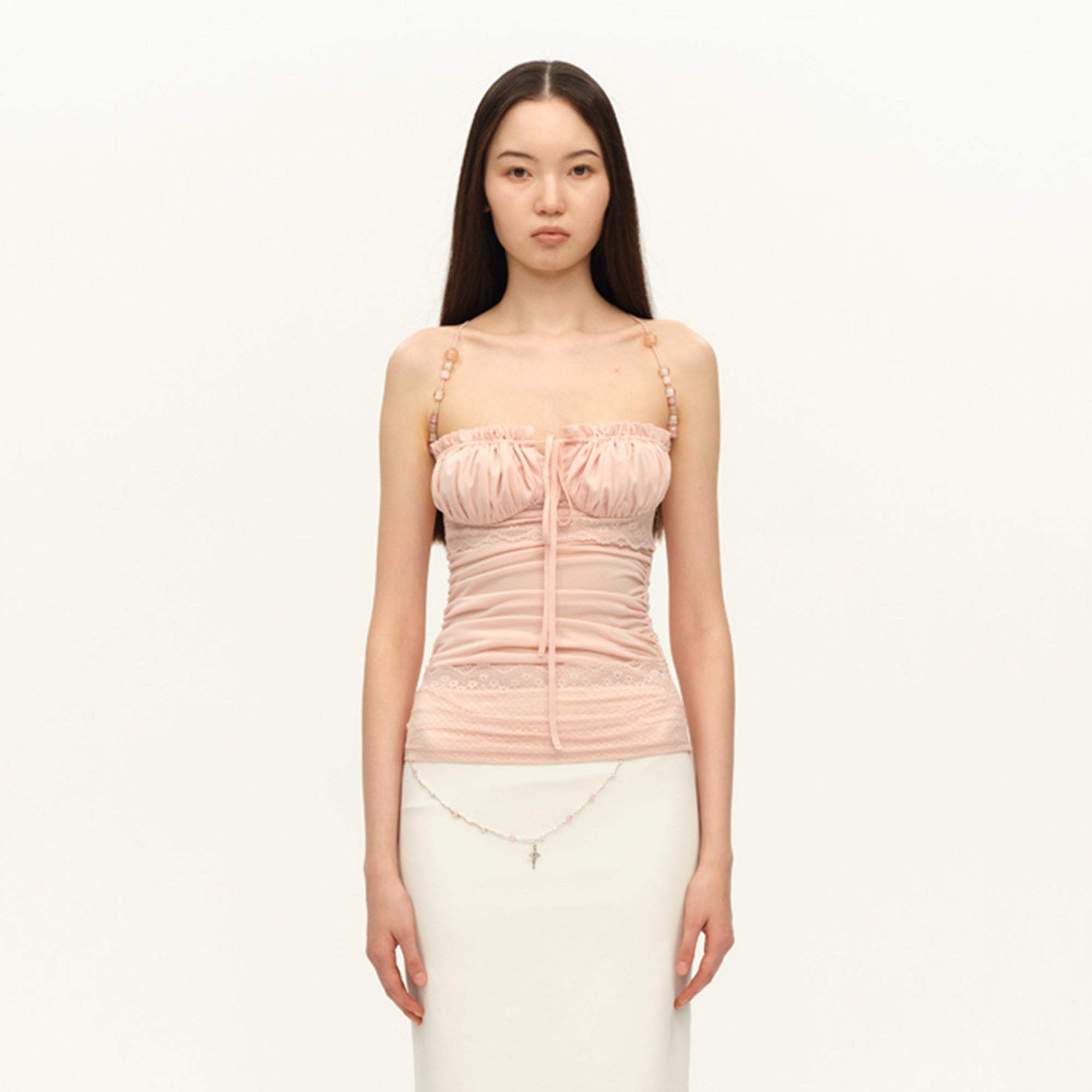 DOTYEARS Beaded Strap Lace Ruched Cami Top