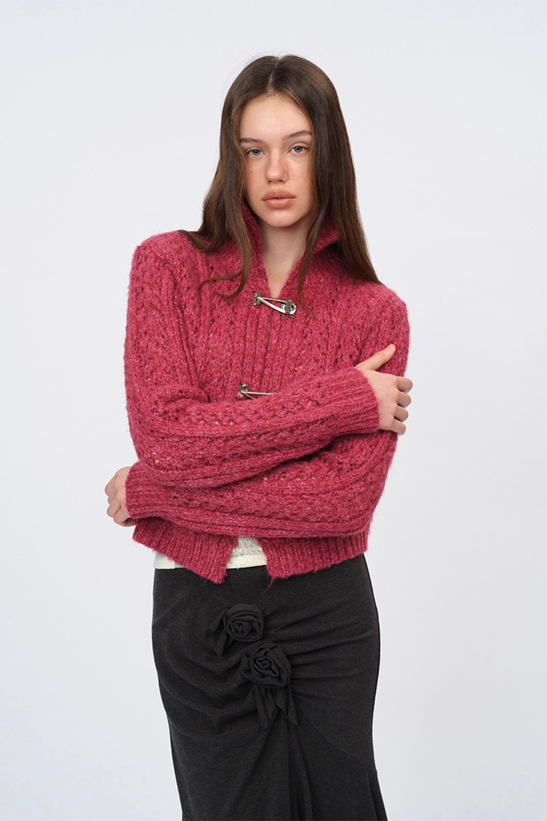 DOTYEARS Open-Knit Mock-Neck Cardigan