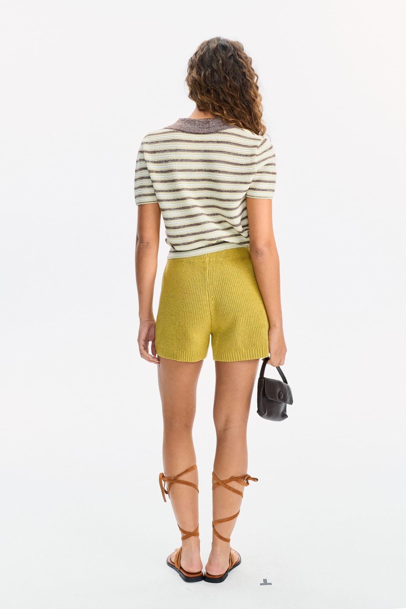 LEONSENSE Striped Pointelle Polo Knit Top