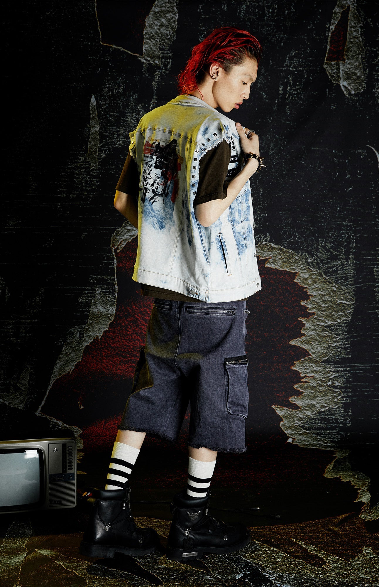VENTUREK Washed Patch Studded Raw-Edge Shorts, premium urban and streetwear designers apparel on PROJECTISR.com, VENTUREK