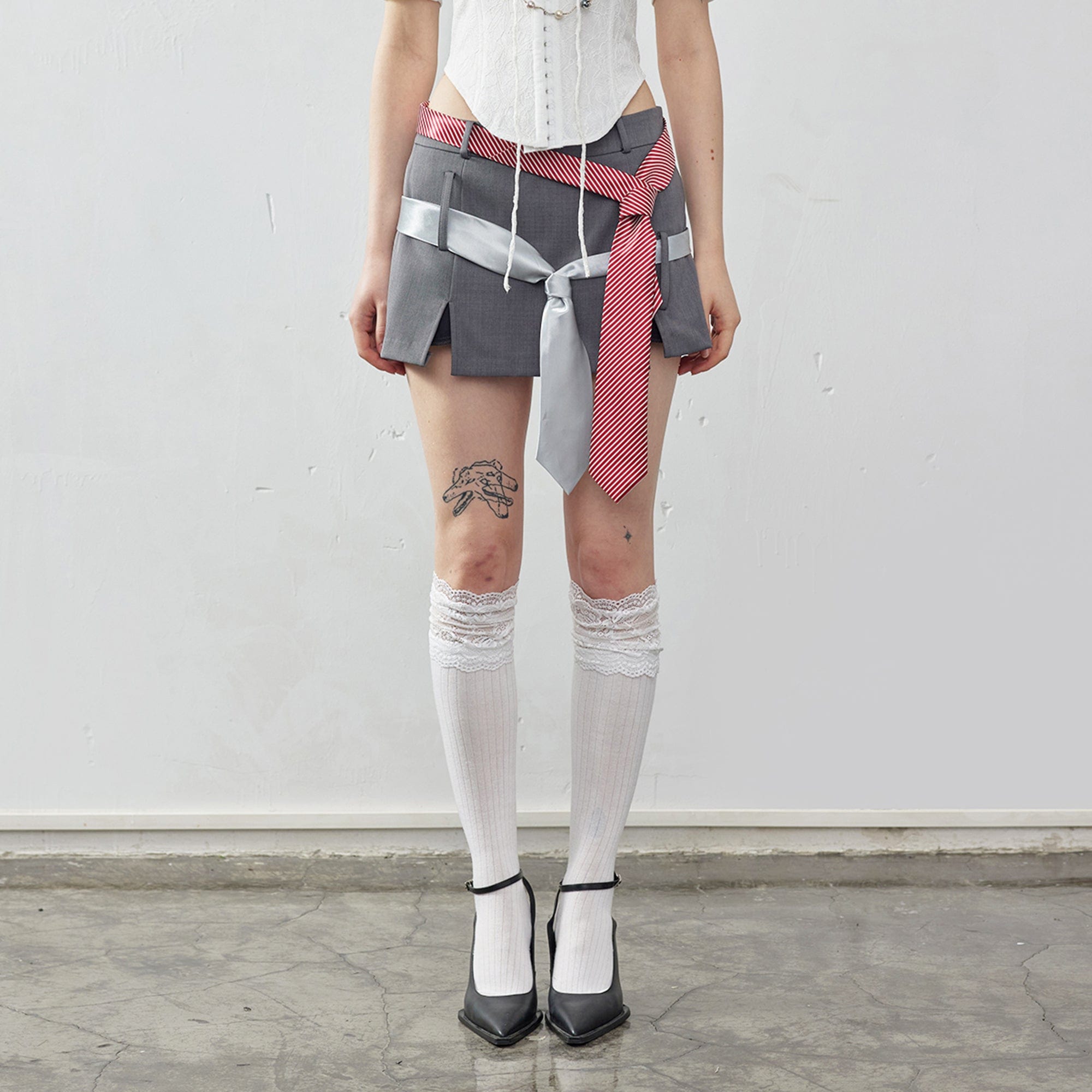 EMOHA Necktie Belt Slit Hem Mini Skirt