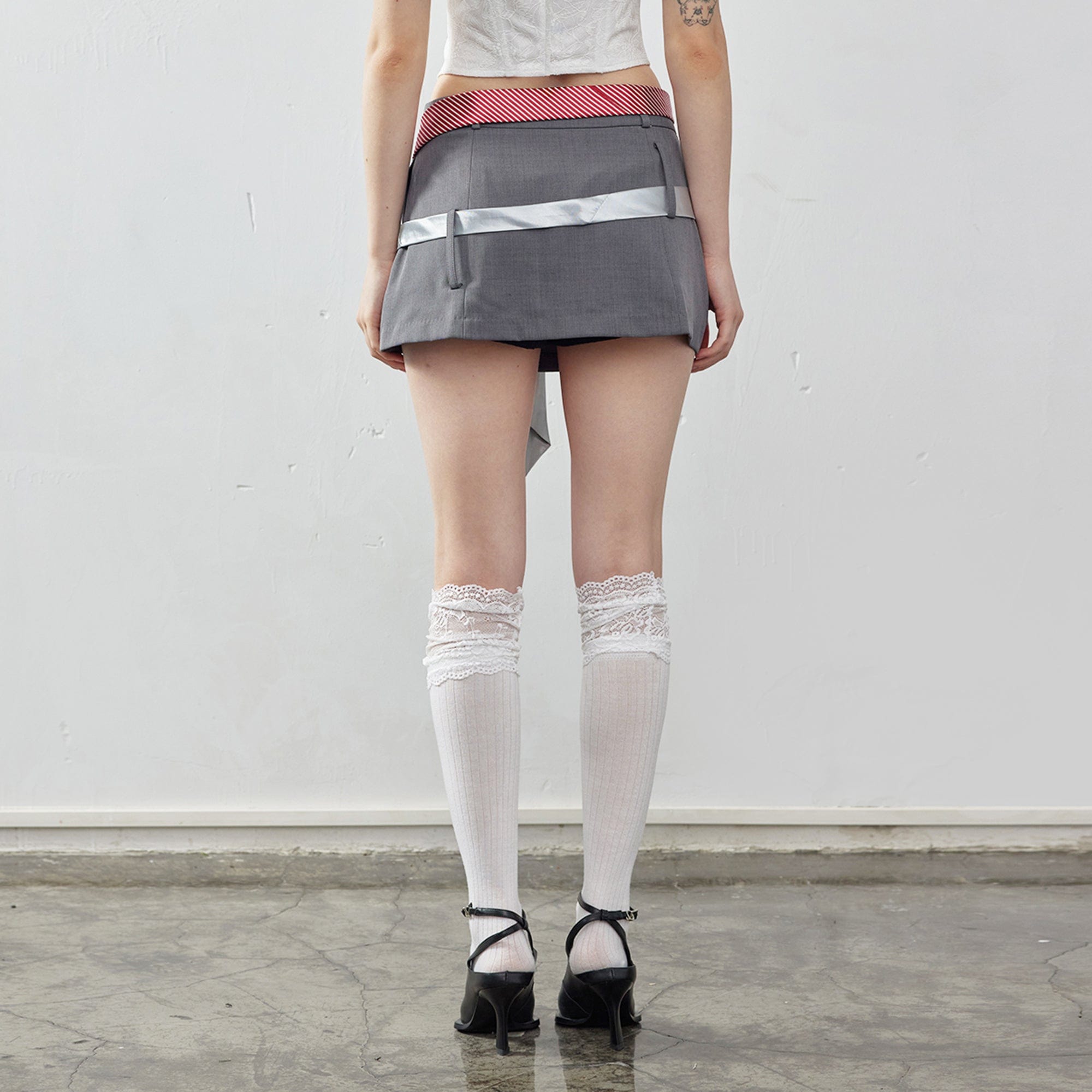 EMOHA Necktie Belt Slit Hem Mini Skirt