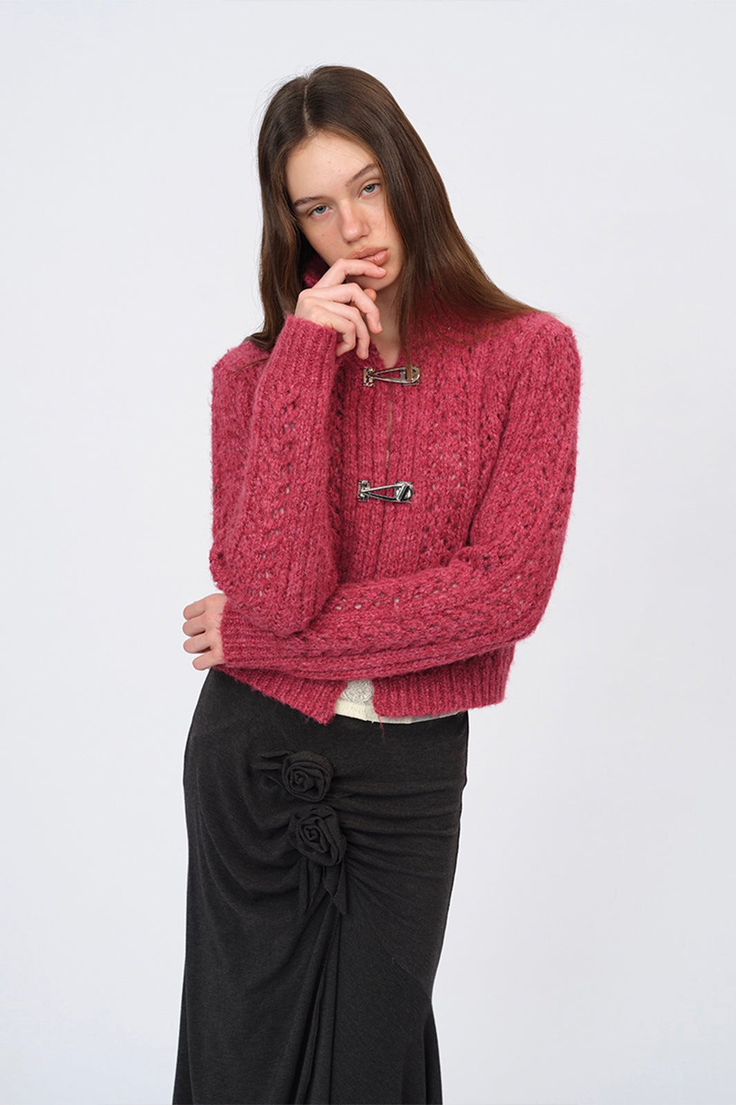 DOTYEARS Open-Knit Mock-Neck Cardigan