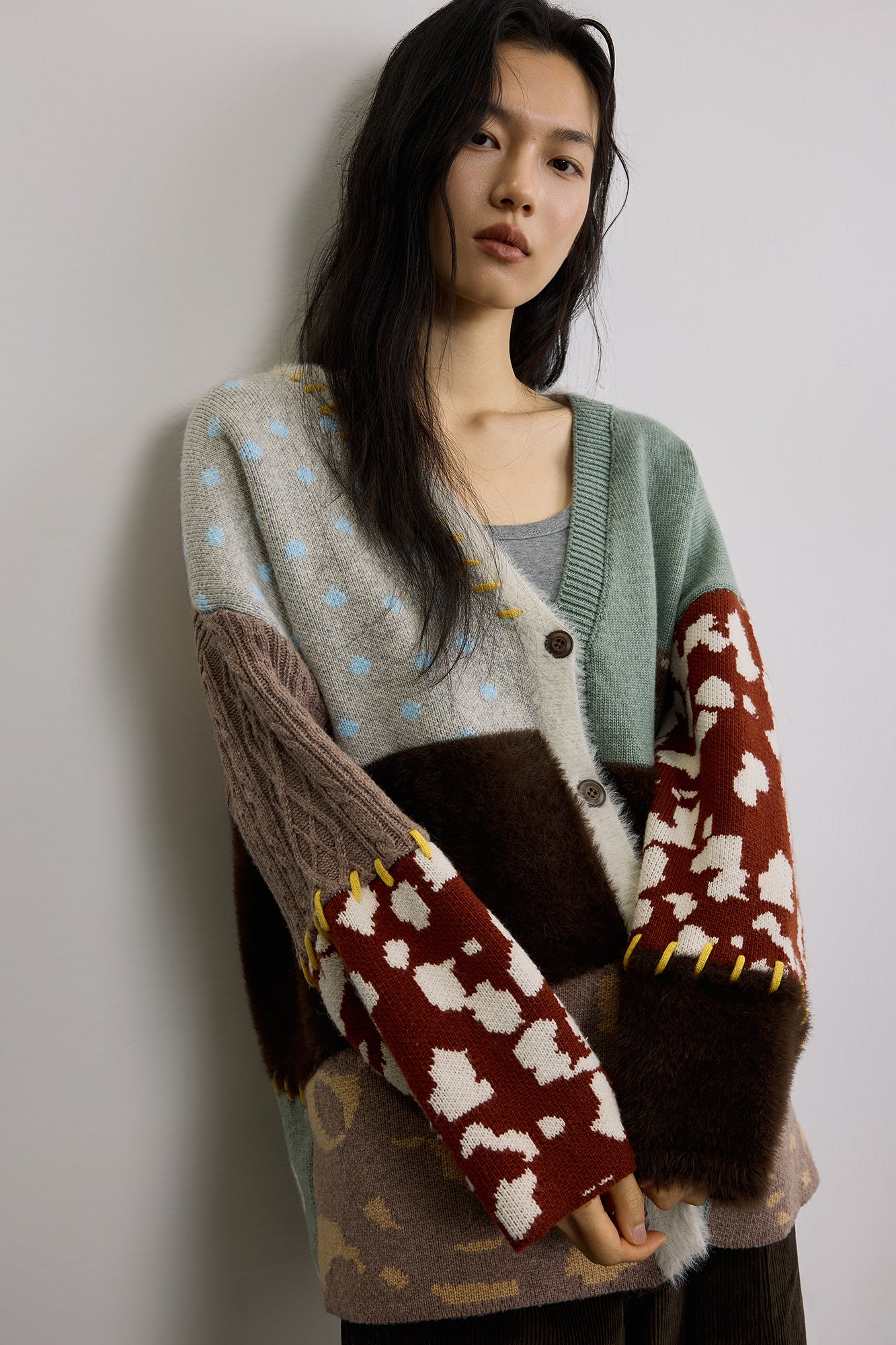 SAME FLOW Retro Spliced Wool-Blend Jacquard Cardigan