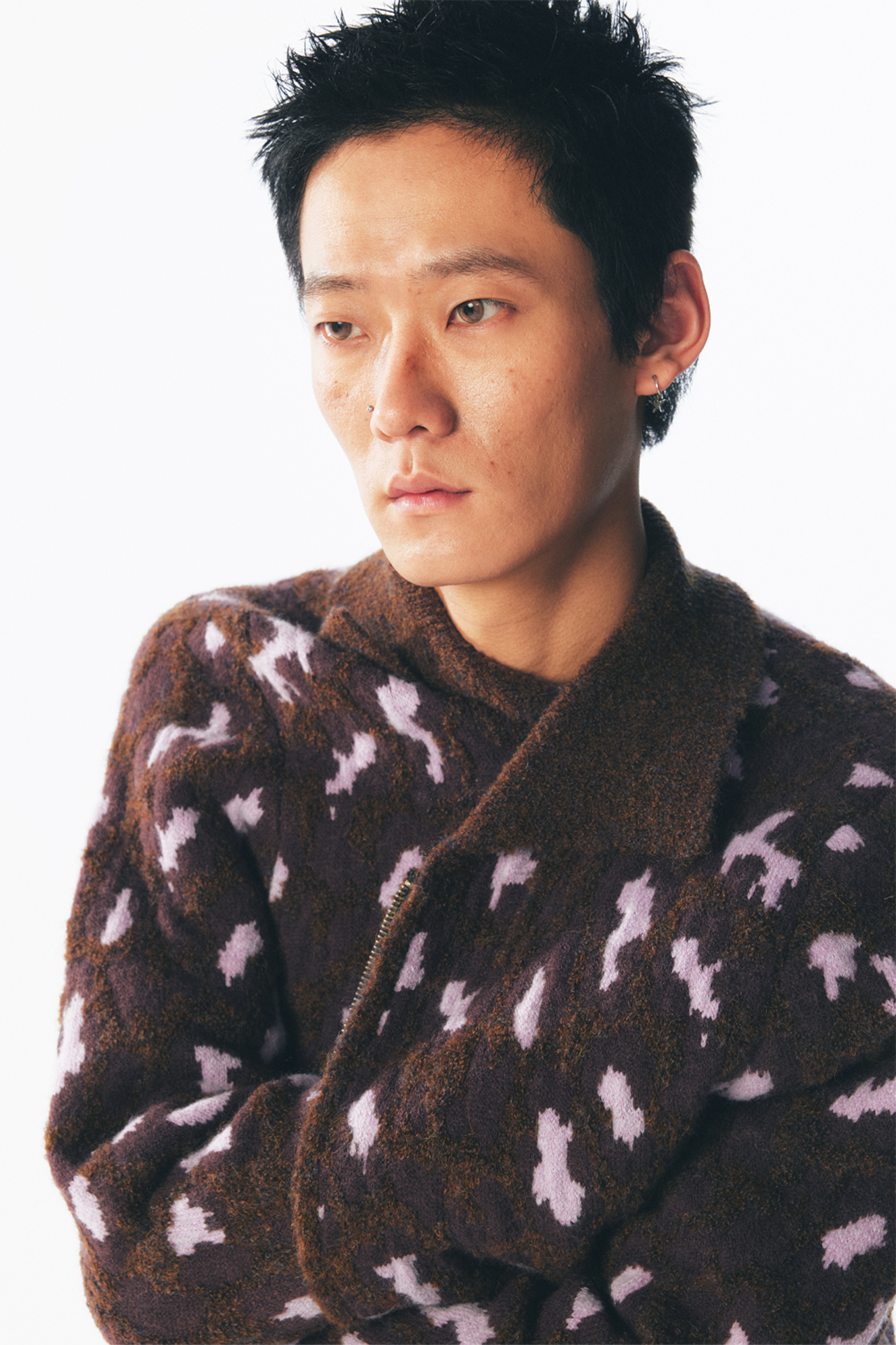 1997 POSTOFFICE Fuzzy Strawberry-Leopard Dual-Zip Knit Jacket