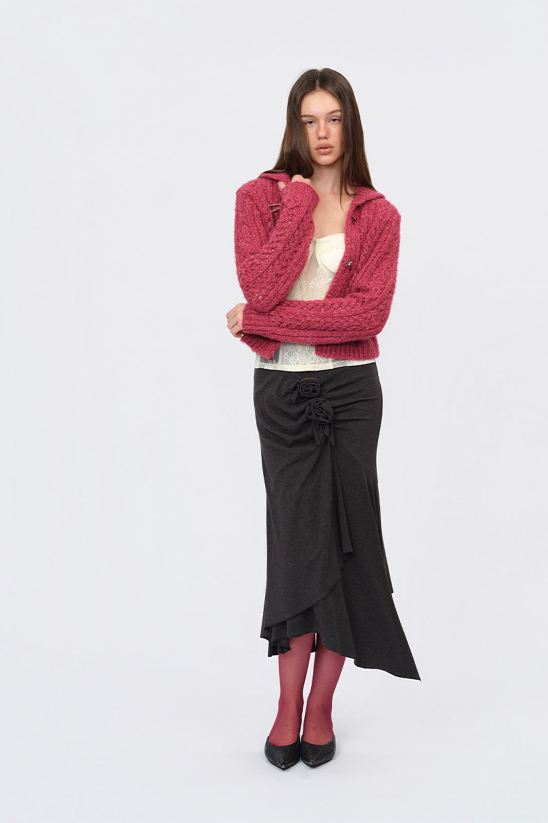 DOTYEARS Open-Knit Mock-Neck Cardigan