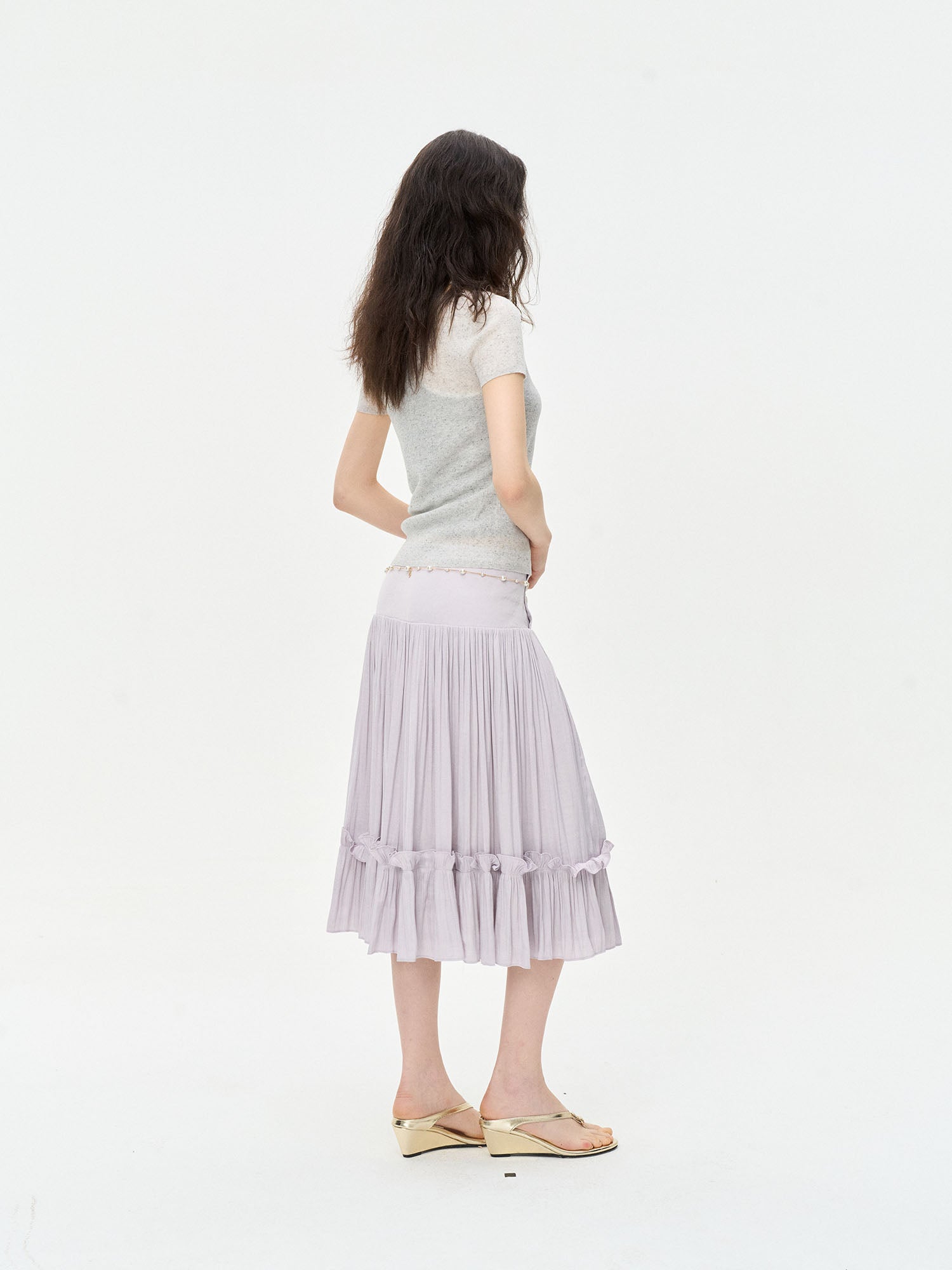 LEONSENSE Ruffle-Hem Pleated Midi Skirt
