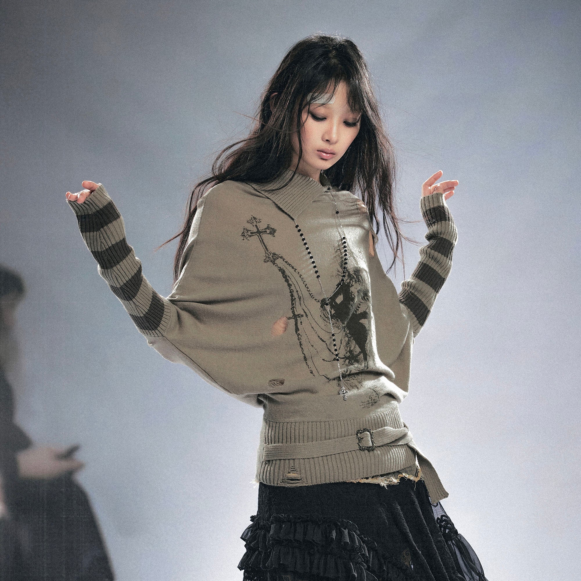 CESTNOUS Gothic Graphic Striped Bat-Sleeve Sweater