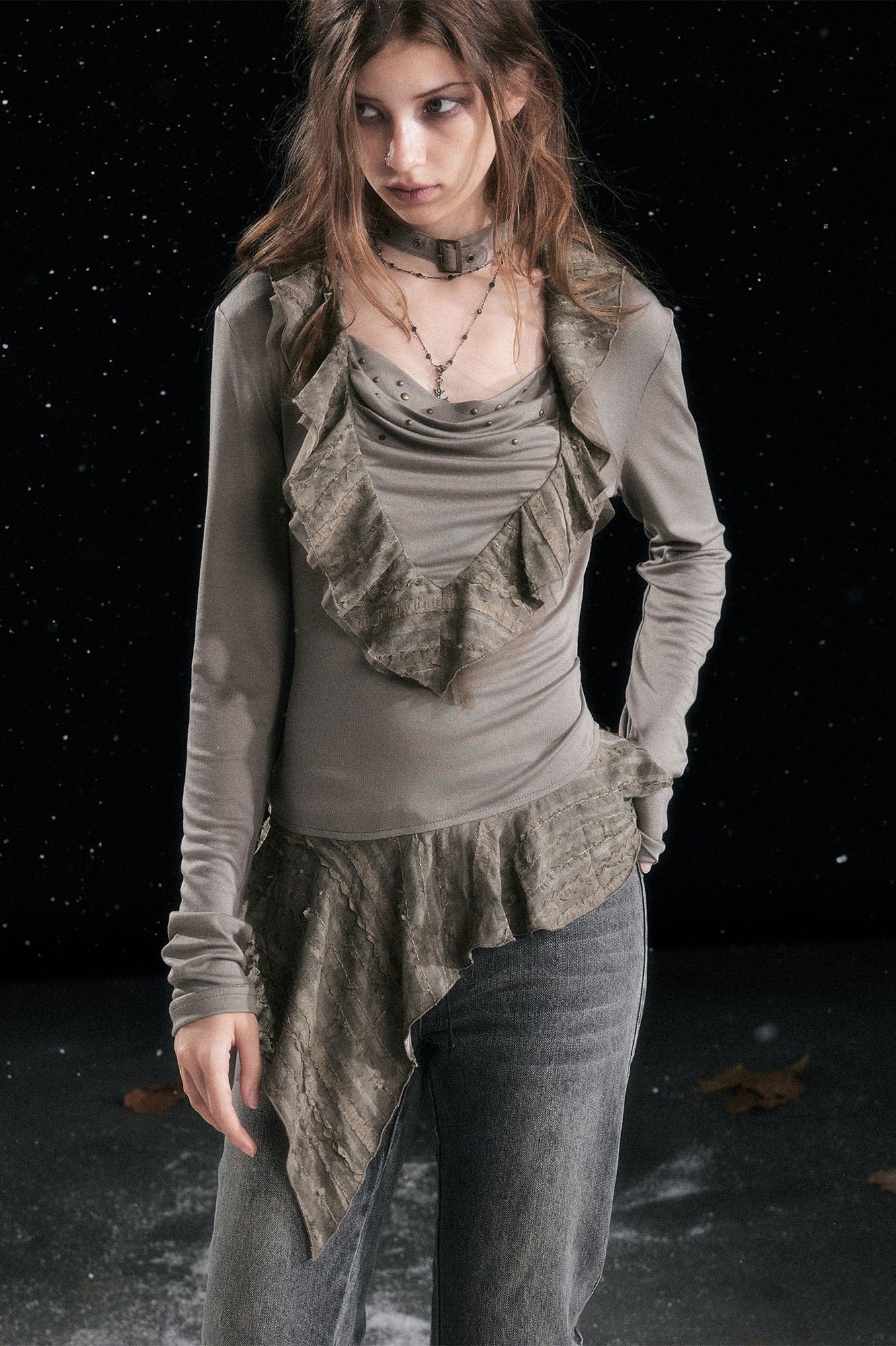 CESTNOUS Studded Ruffled Paneled Top