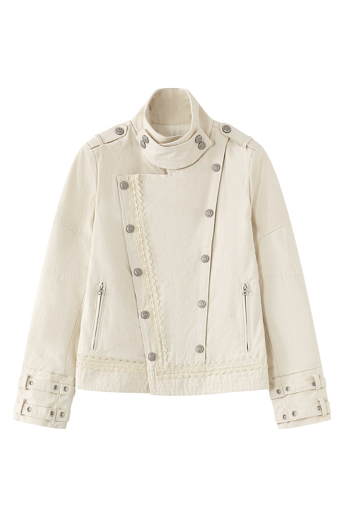 CESTNOUS Washed Lace-Trimmed Napoleon Collar Military Jacket — flat lay · Cream