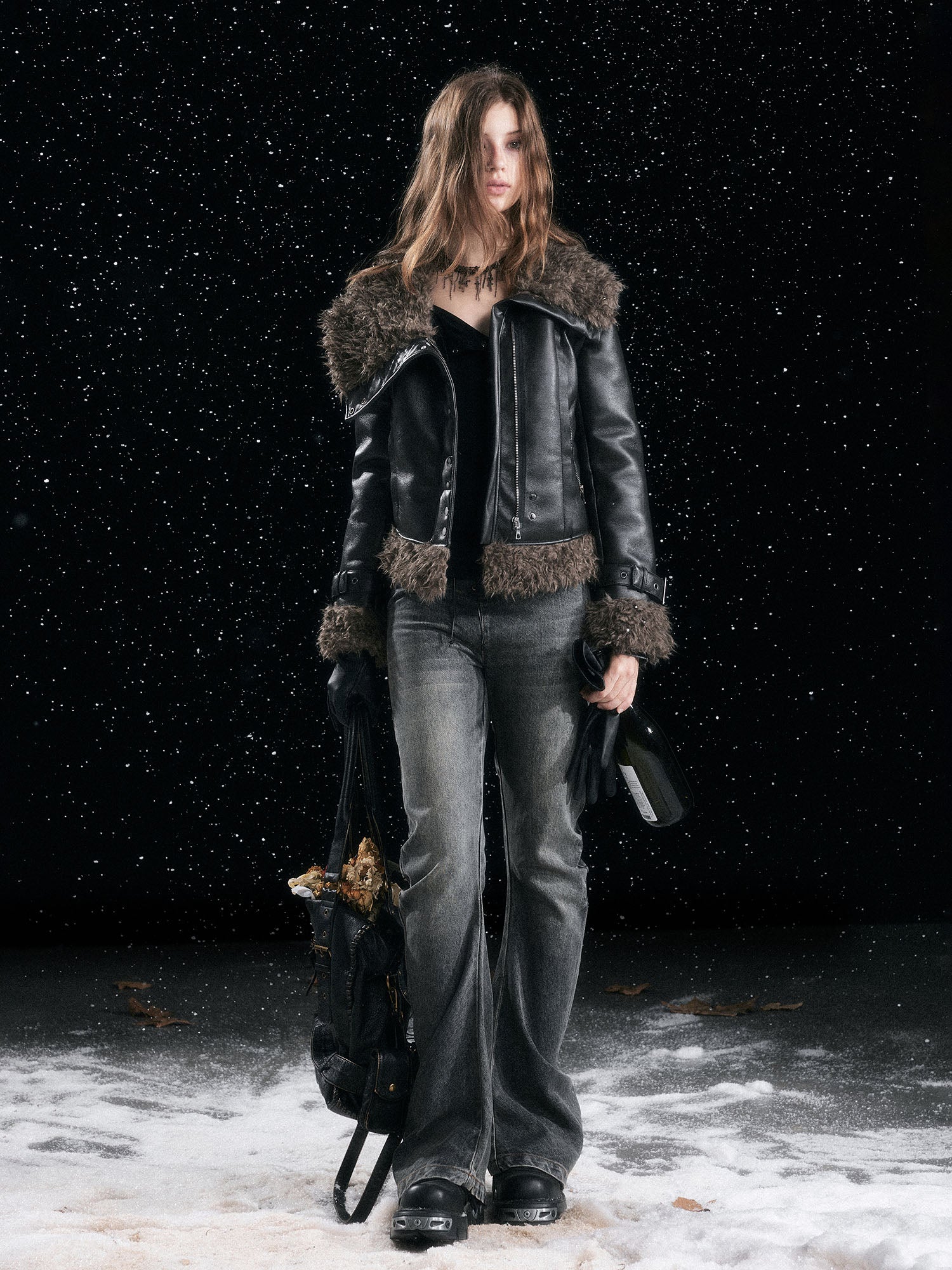 CESTNOUS Faux-Shearling Trim Faux Leather Jacket