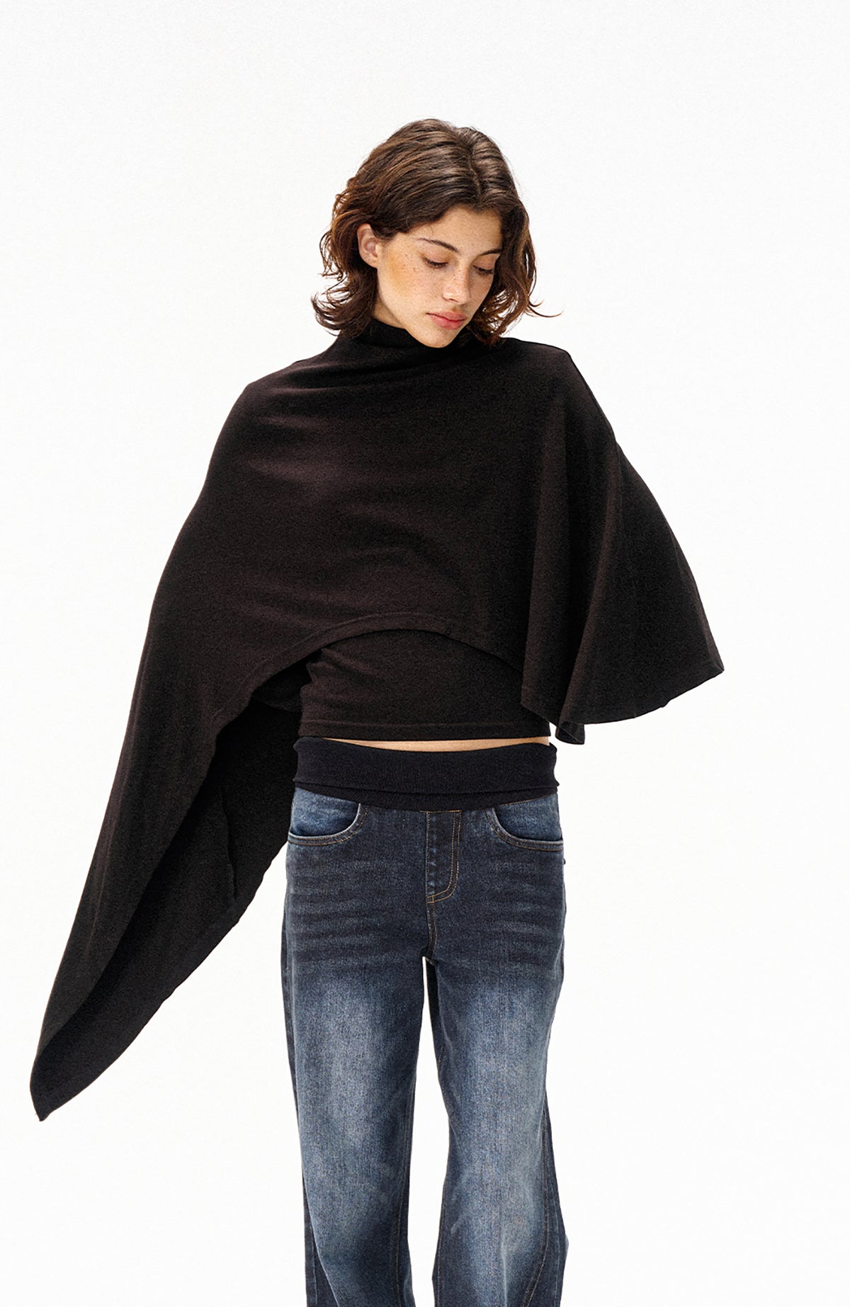 COSTUSTOOT Cape-Style Asymmetric Layered Knit Long-Sleeve Tee