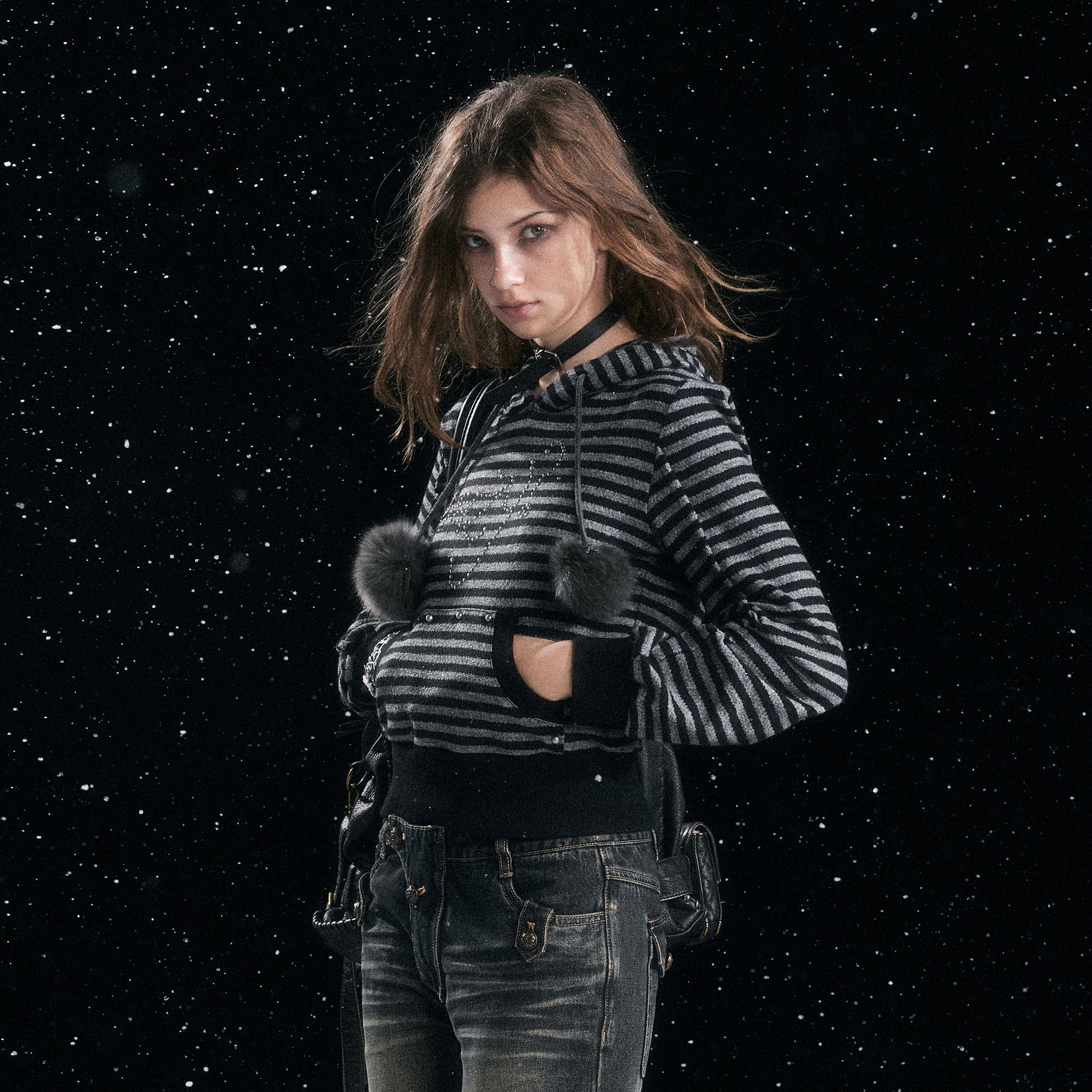 CESTNOUS Studded Striped Cat-Ear Hoodie