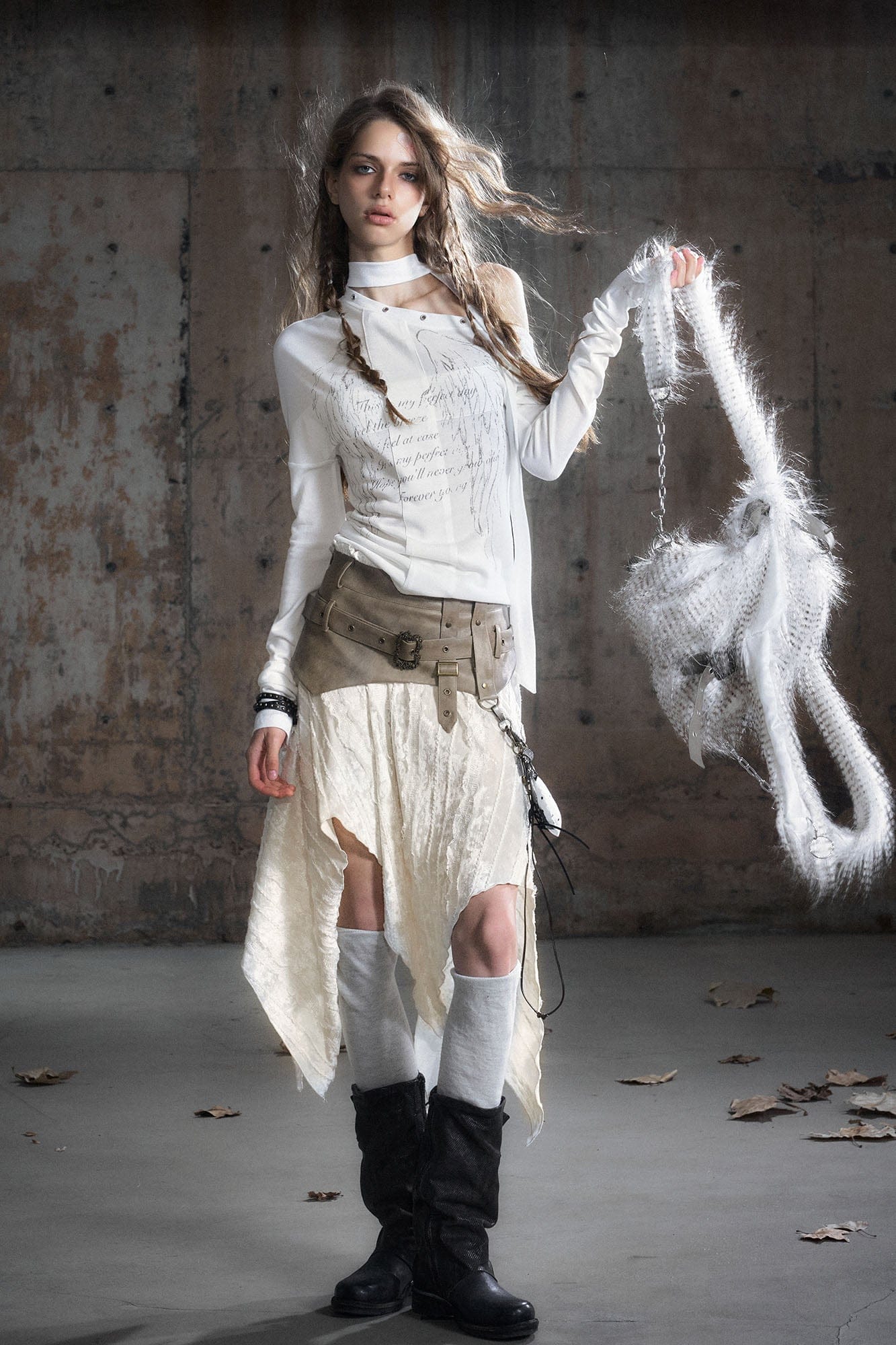 CESTNOUS Asymmetrical Belted Faux Leather Waist Skirt