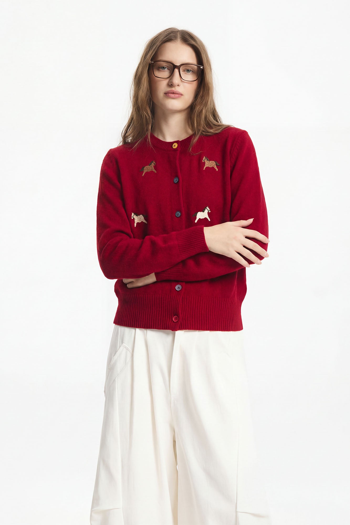 LEONSENSE Pony Embroidered Button Cardigan