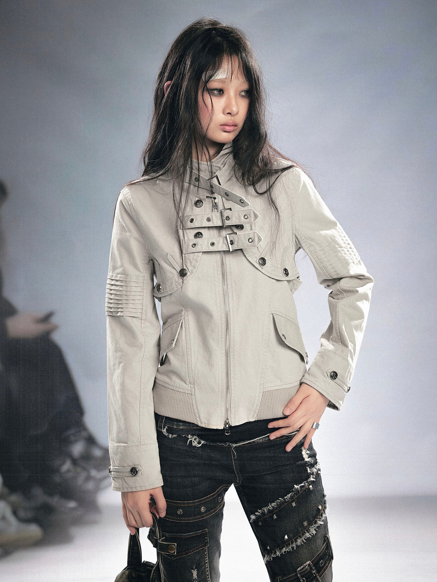 CESTNOUS Detachable Buckle-Strap Lace-Up Back Jacket
