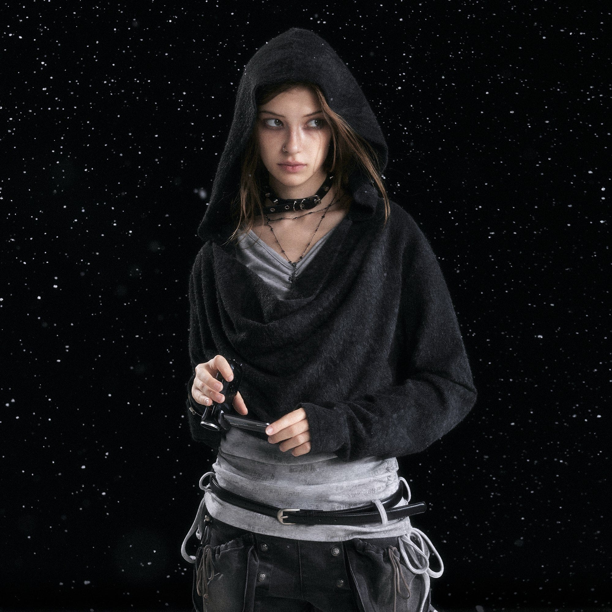 CESTNOUS Distressed Drape Layered Hooded Long-Sleeve Tee