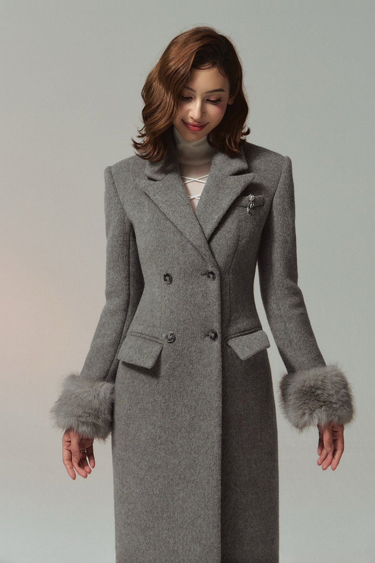 HIIMDAI 100% Wool Double-Faced Long Coat — half body · Lunar Silver Gray
