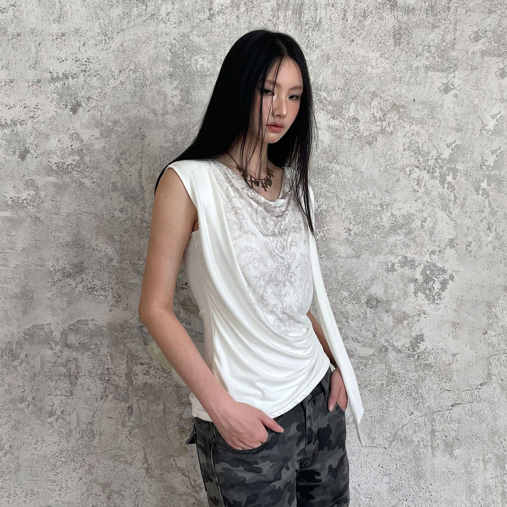 RIDK Retro Graphic Draped-Neck Tank Top