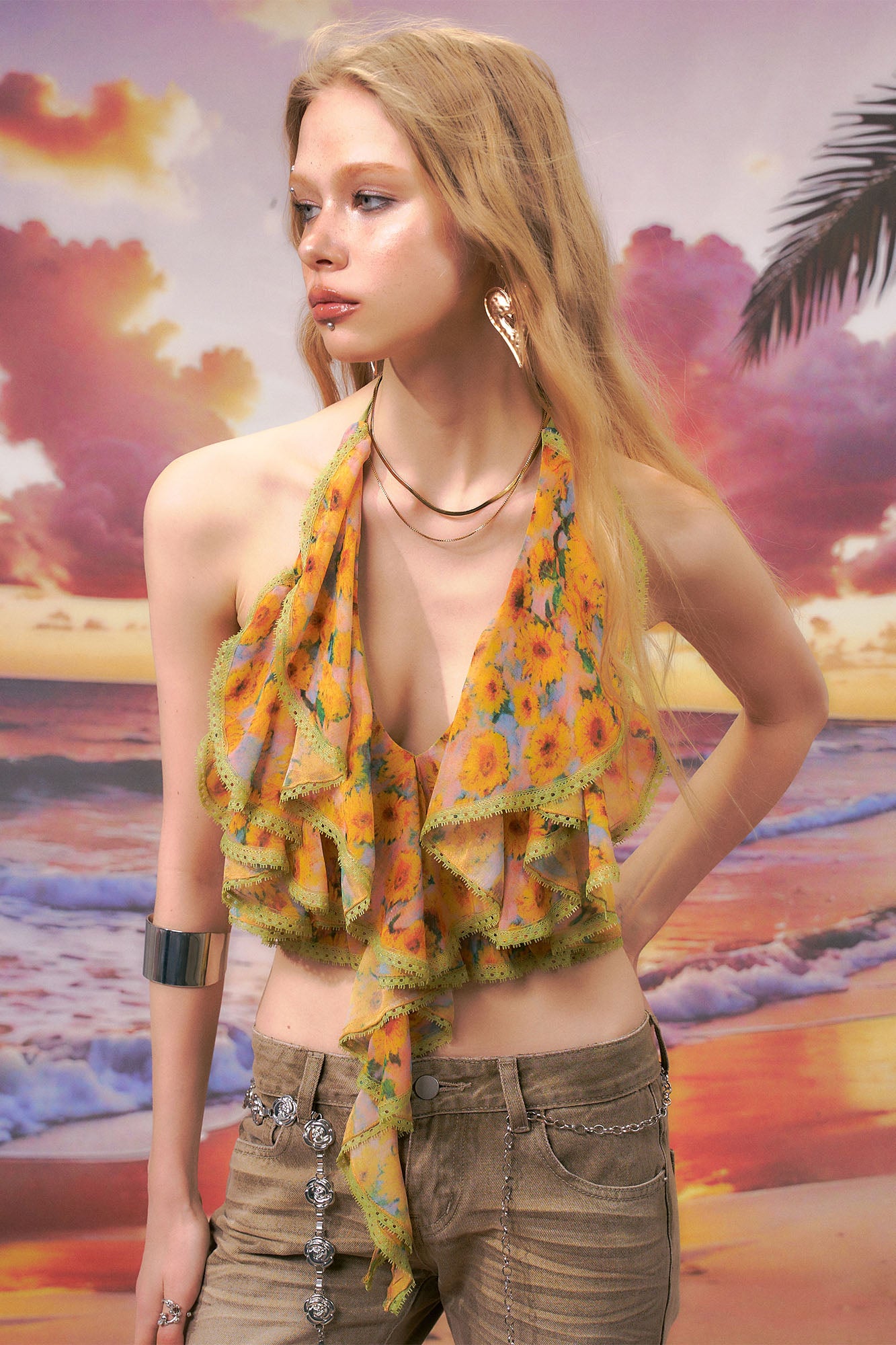 THE NEVERMORE Floral Layered Ruffle Halter Top