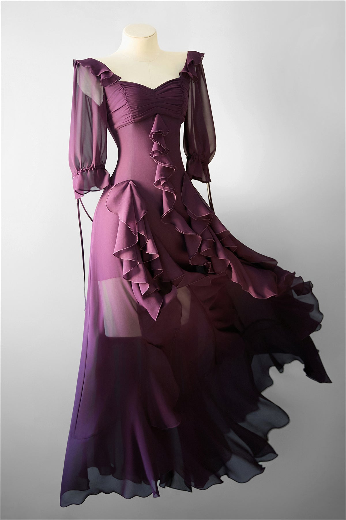 MXU Ruched Cascading-Ruffle Maxi Dress