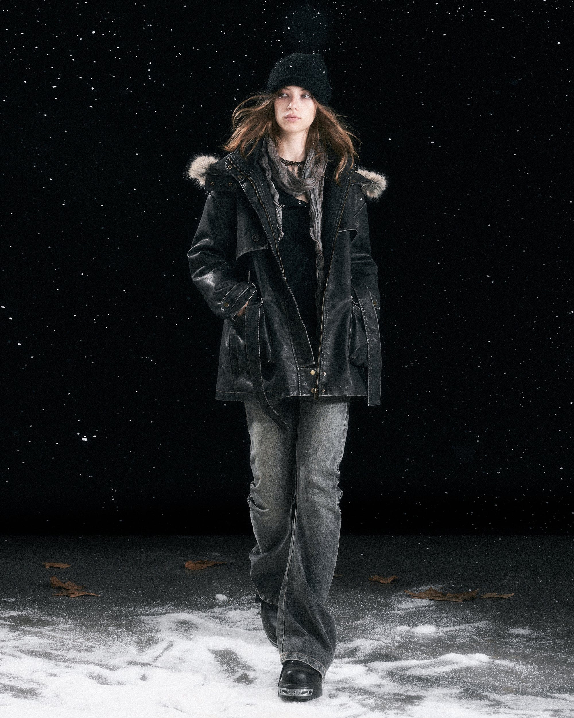CESTNOUS Distressed Faux-Fur Hood PU Parka Jacket